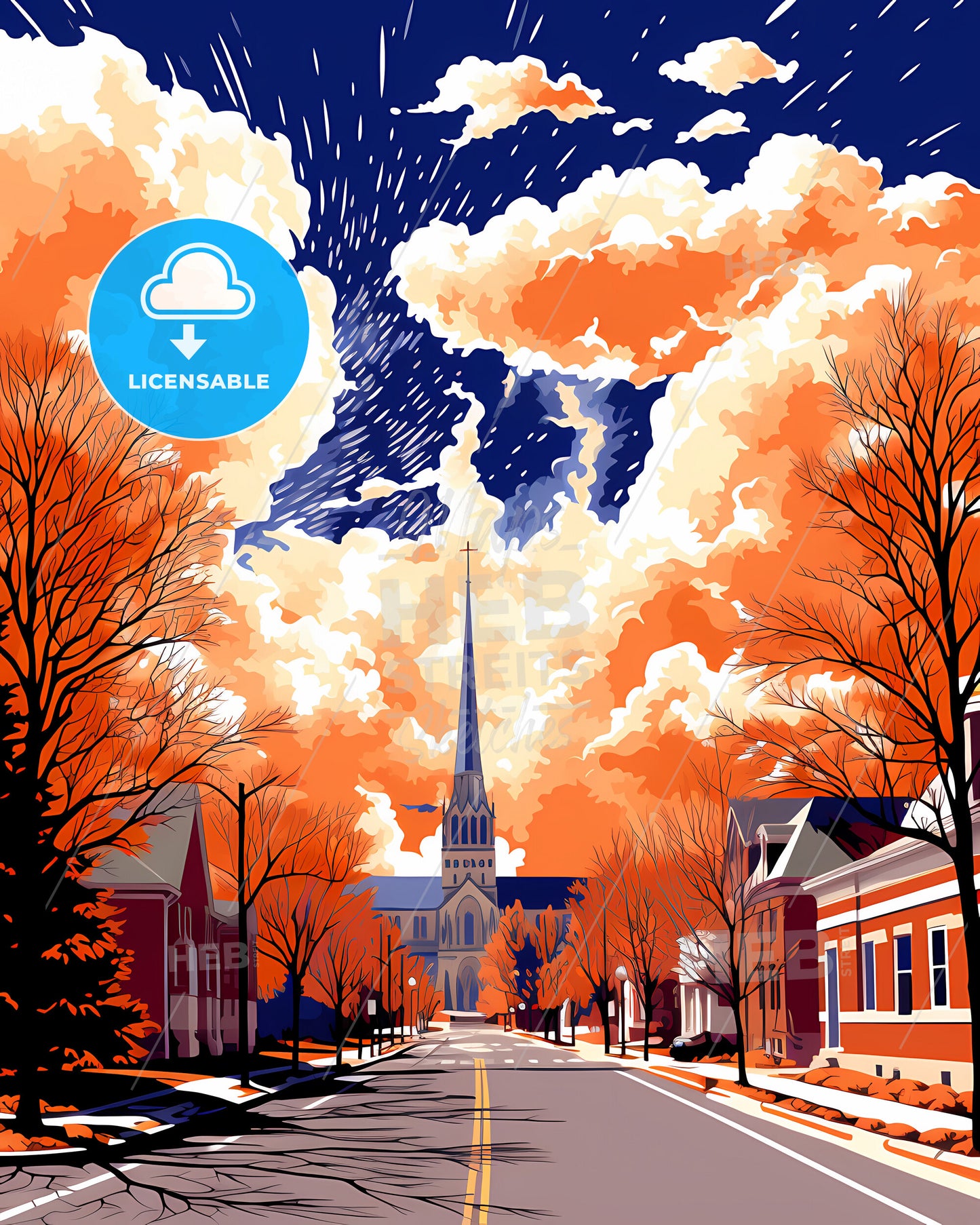 Racine, Wisconsin, a street with trees and a church in the background