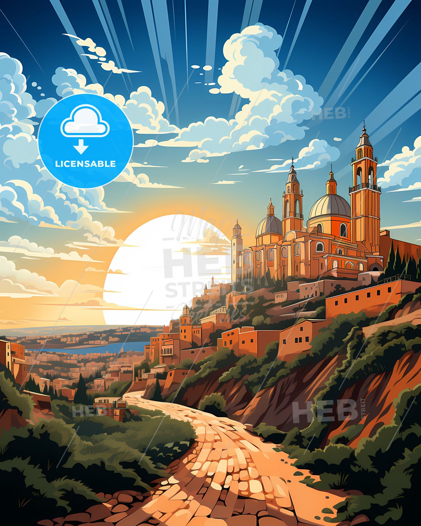 Anzio, Italy, a large building on a hill with trees and a road