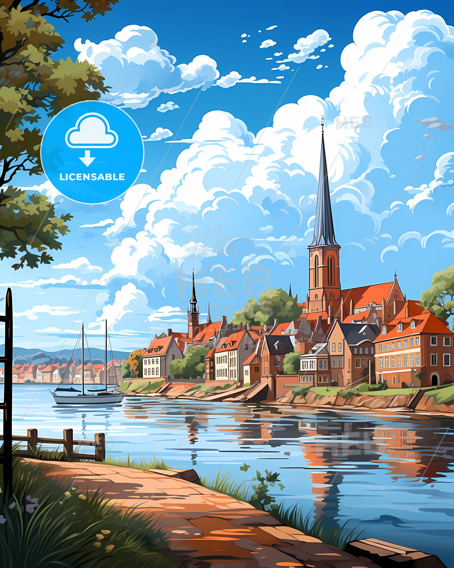 Nissewaard, Netherlands, a water body with a church and a boat on it