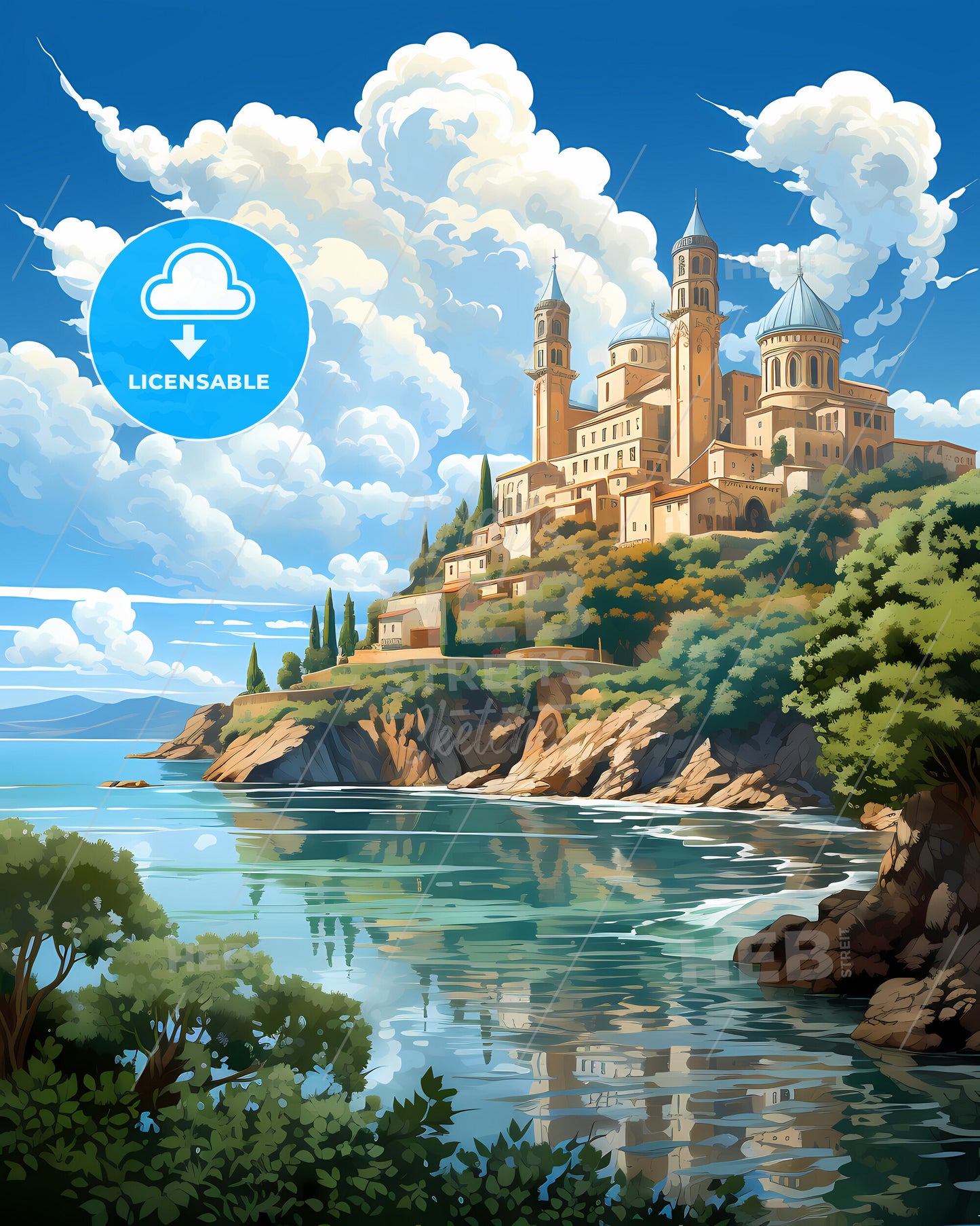 Anzio, Italy, a castle on a hill by a body of water