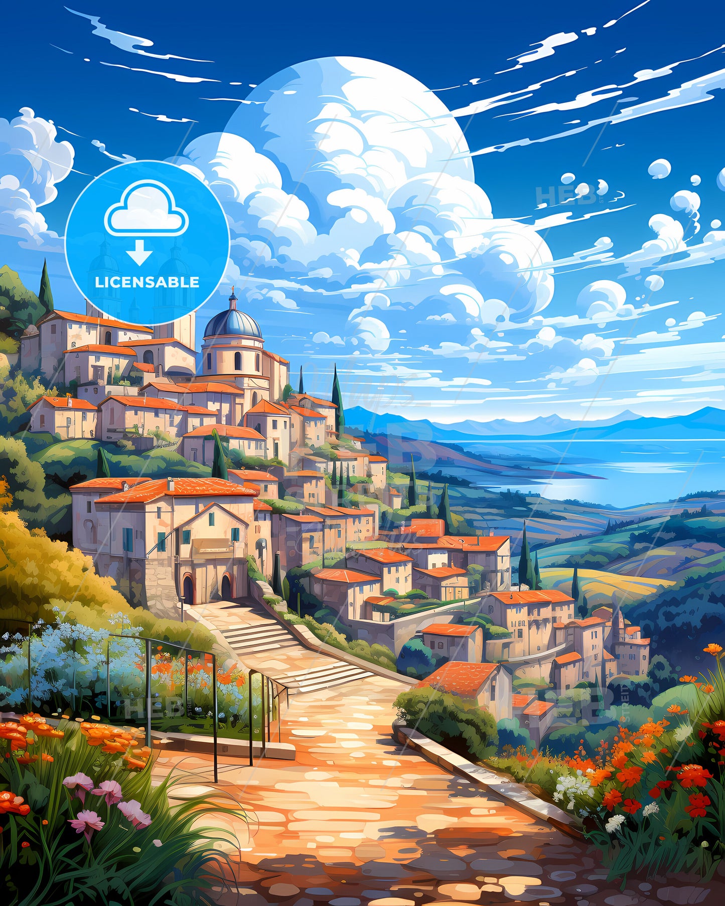 Aversa, Italy, a landscape of a town with a staircase and a lake