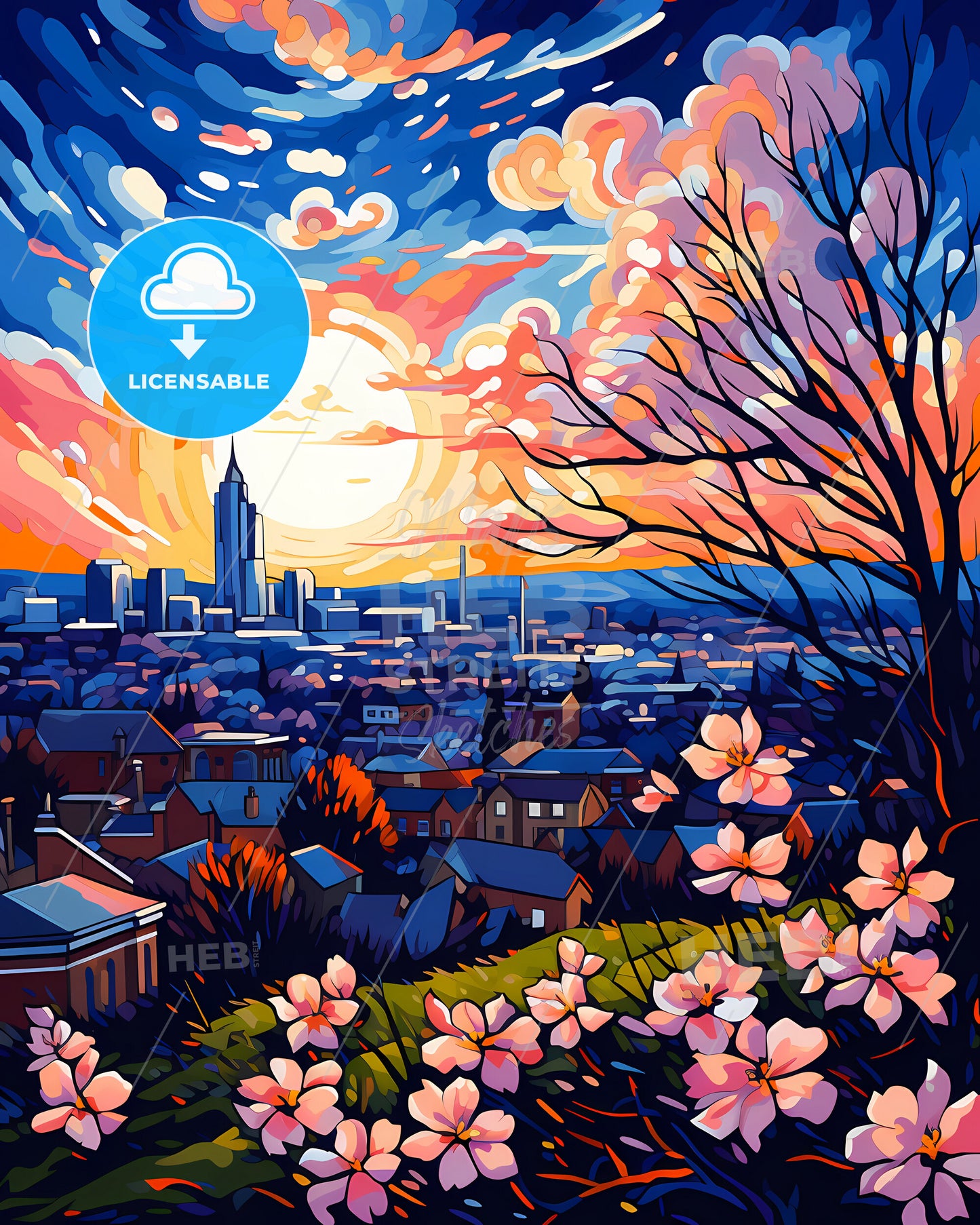 Luton, East of England, a painting of a city with flowers