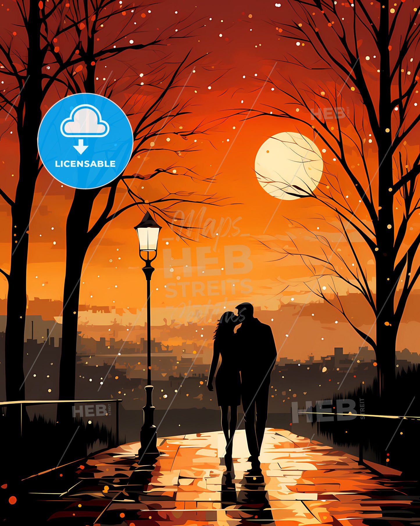 Helmond, Netherlands, a couple kissing on a sidewalk with trees and a lamp post