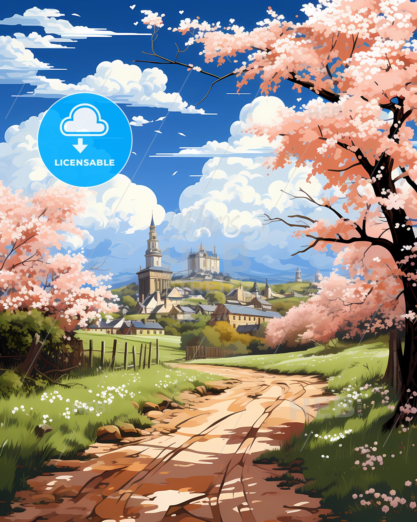 Bolton, North West England, a road with pink flowers and trees in front of a building