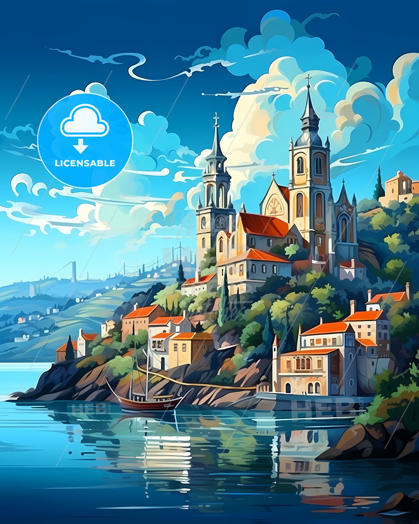 Vila Nova De Gaia, Portugal, a painting of a town on a hill with a boat on the water