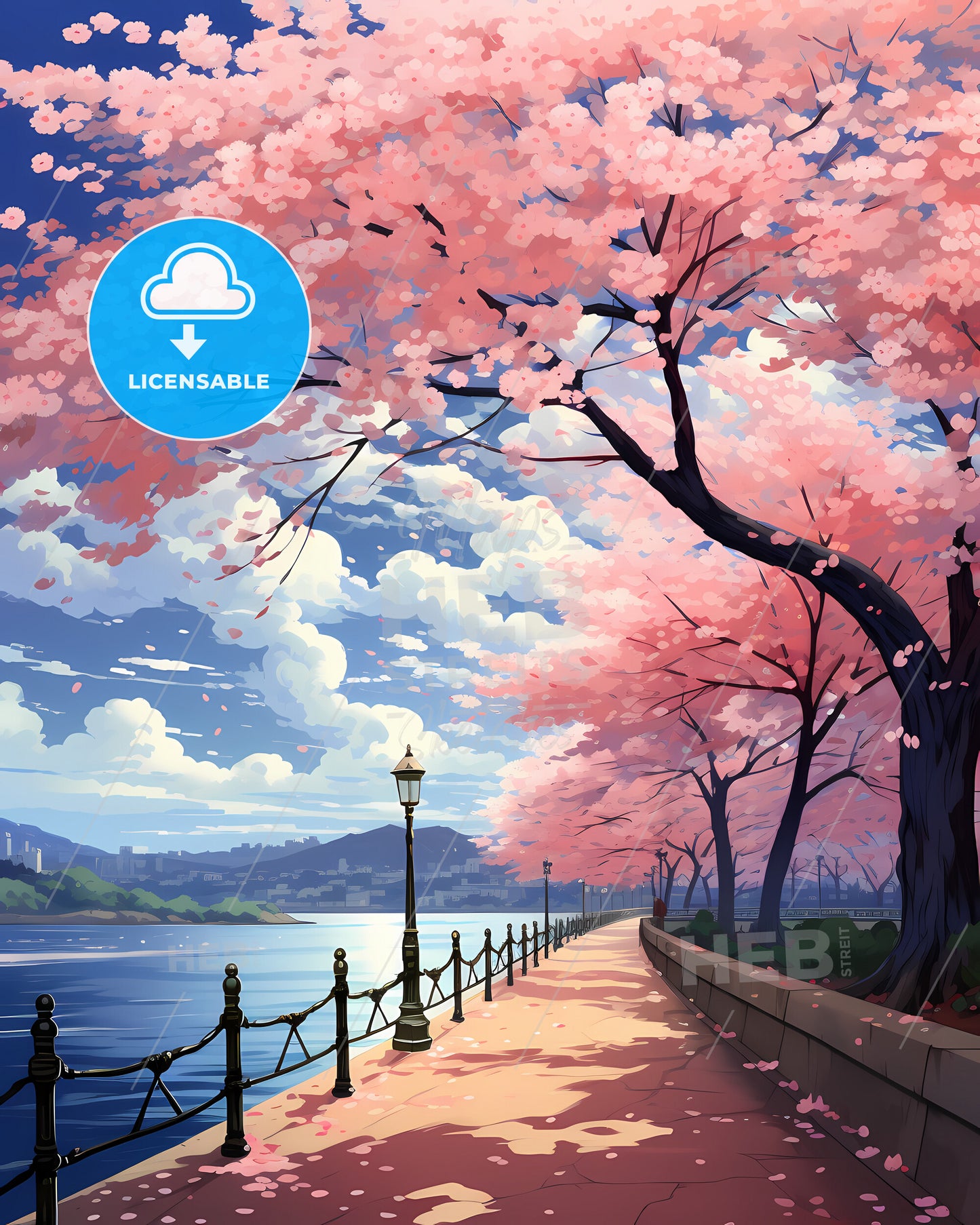 Alexandria, Virginia, a path with pink trees and a fence by water