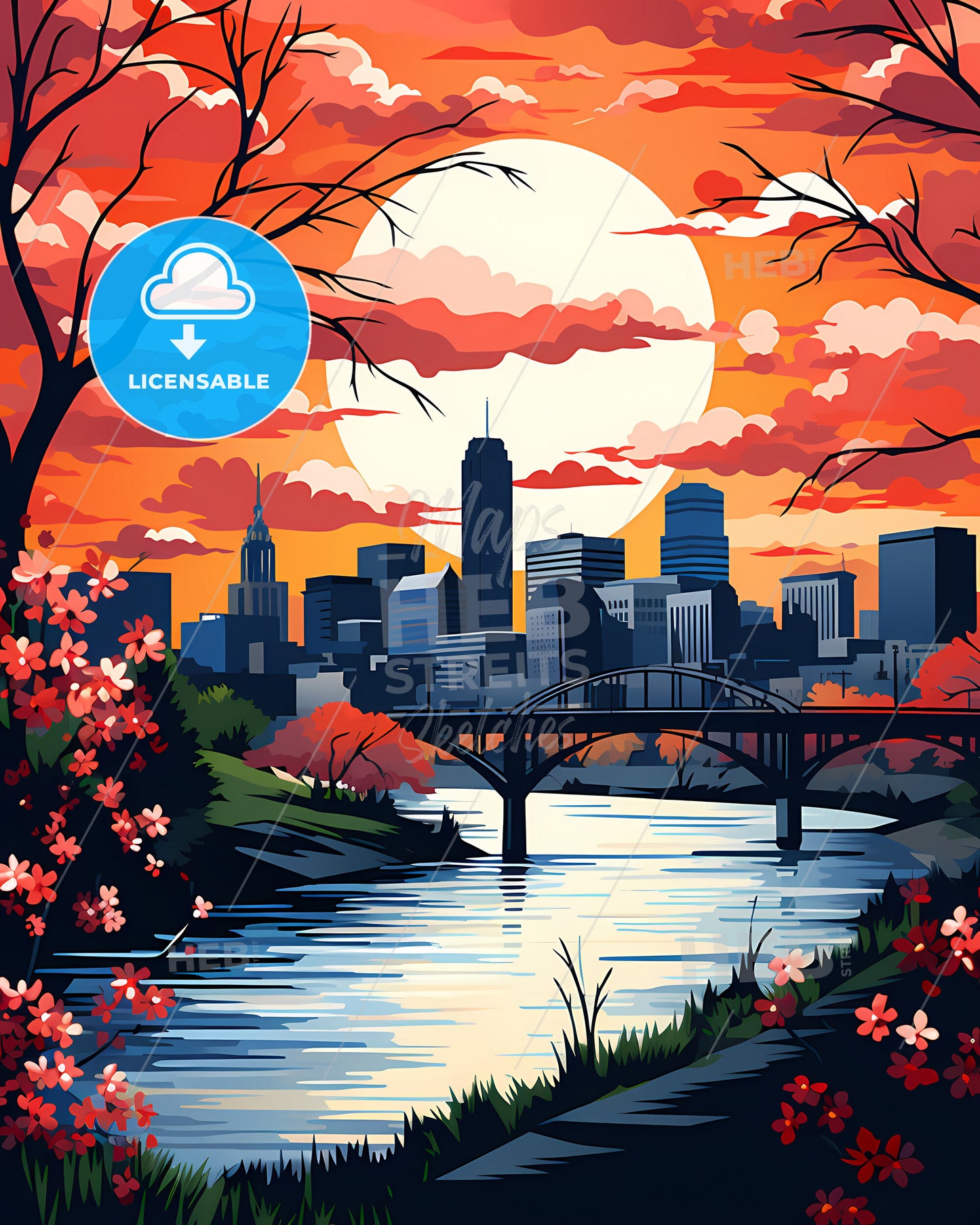 Davenport, Iowa, a painting of a city with a bridge and flowers