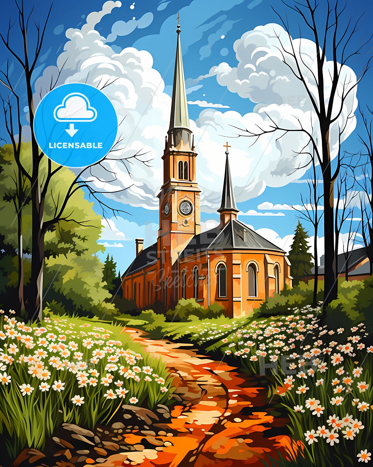 Leicester, East Midlands, a church with a clock tower and flowers