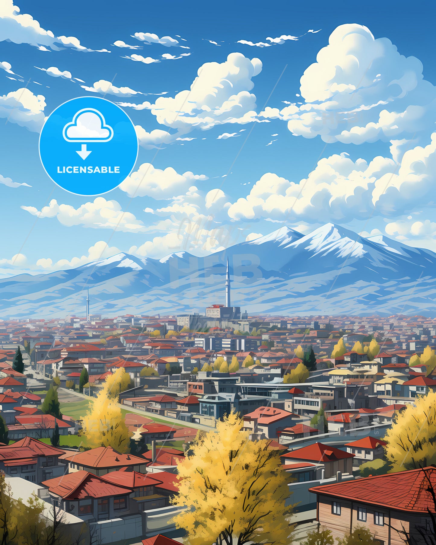 Prishtinã, Kosovo, a city with red roofs and trees and mountains in the background