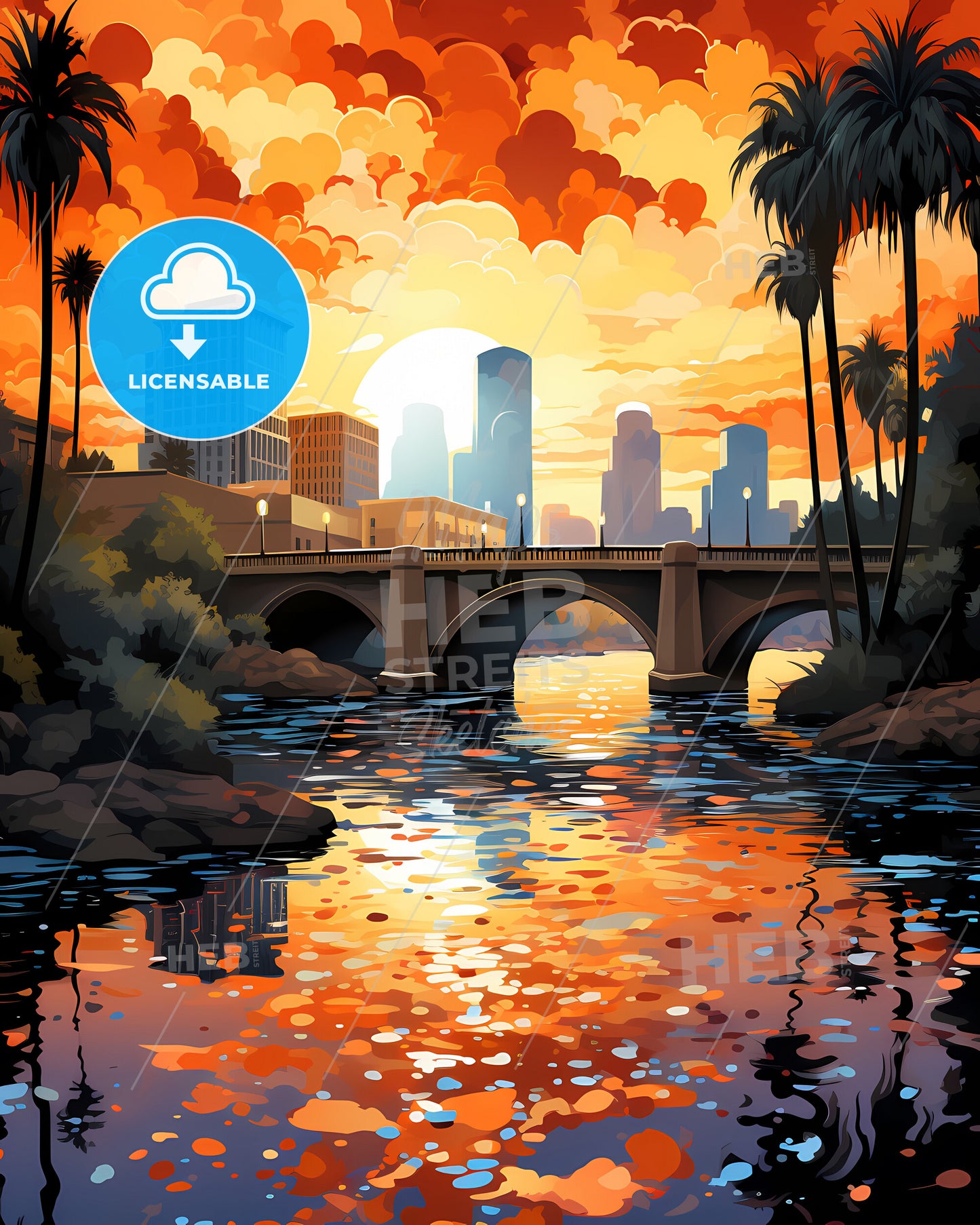 Pasadena, California, a bridge over a river with palm trees and a city in the background