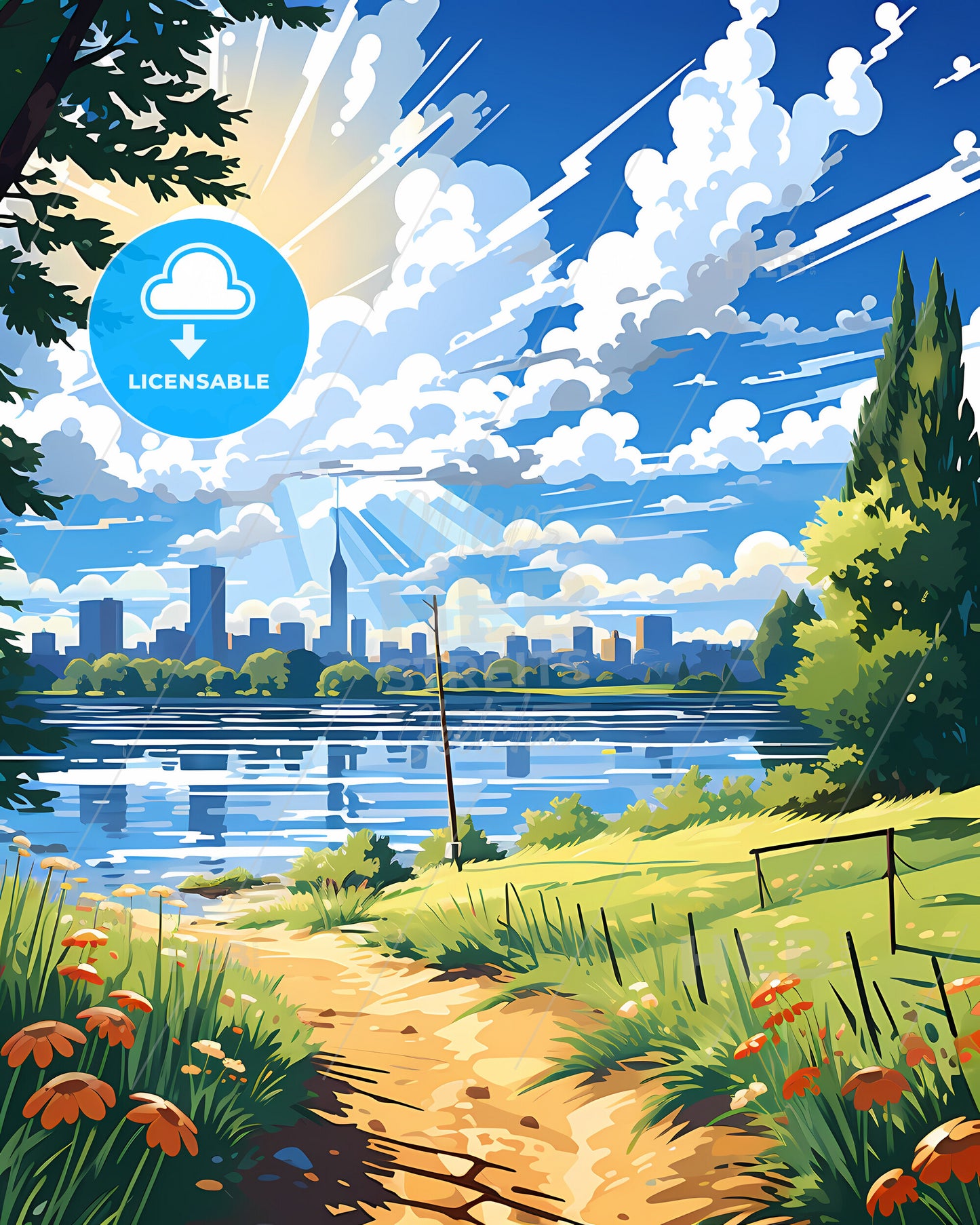 Lakewood, California, a landscape of a lake with a city in the background