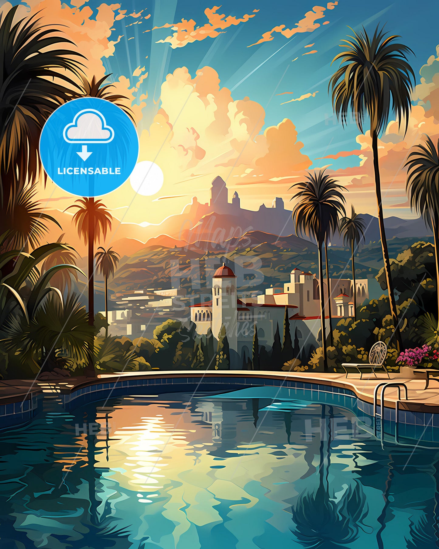 Whittier, California, a pool with palm trees and buildings in the background