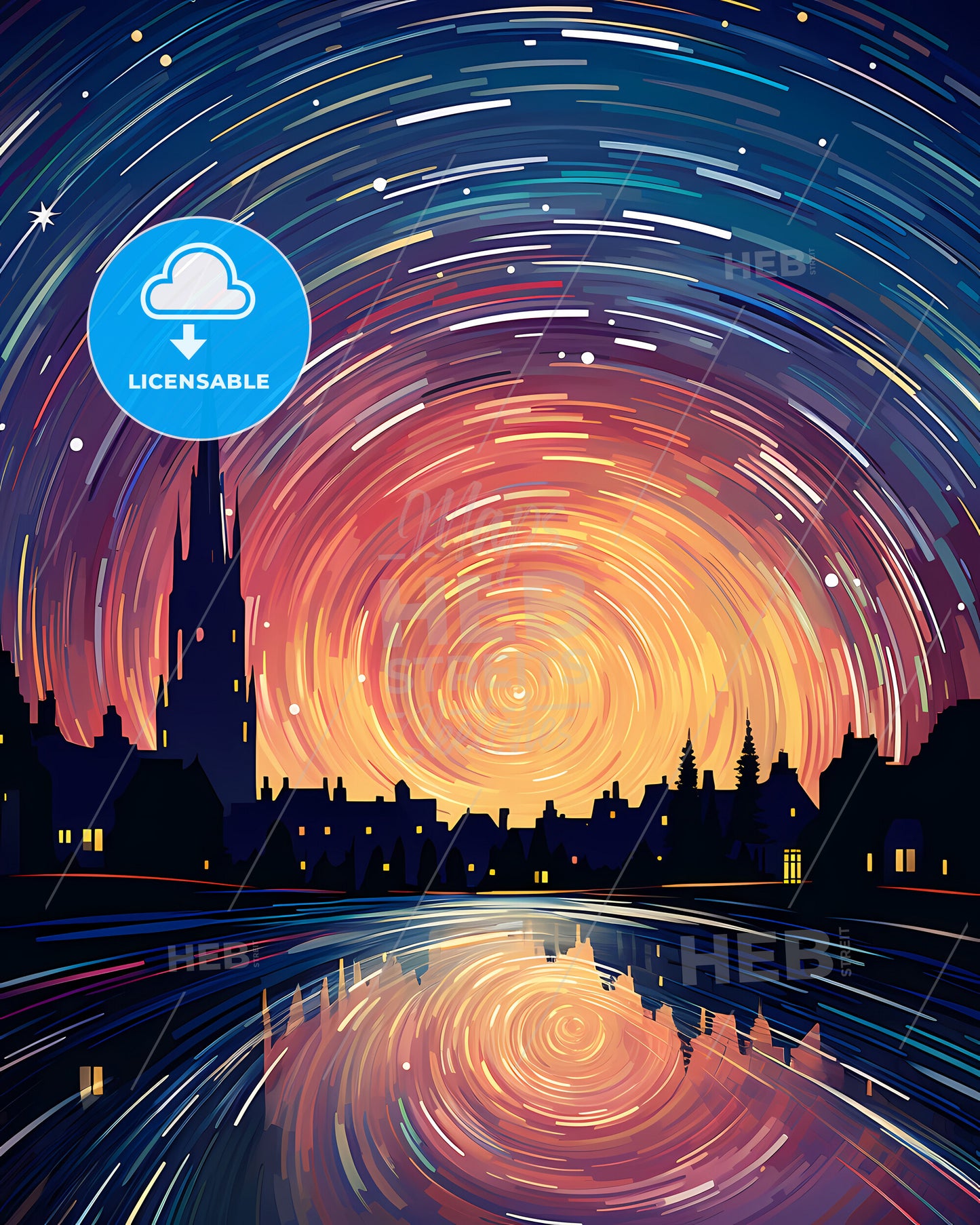 Alkmaar, Netherlands, a colorful swirly swirls in the sky over Radio City Music Hall