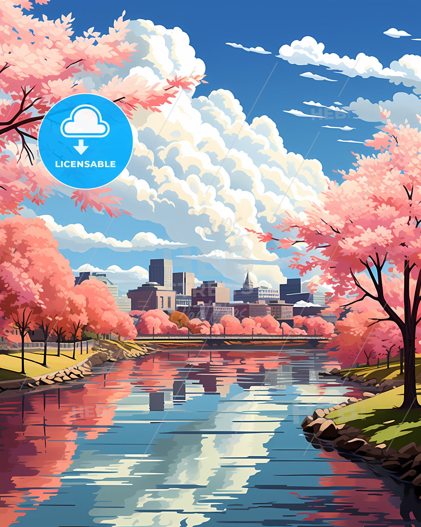 Bridgeport, Connecticut, a river with pink trees and buildings in the background