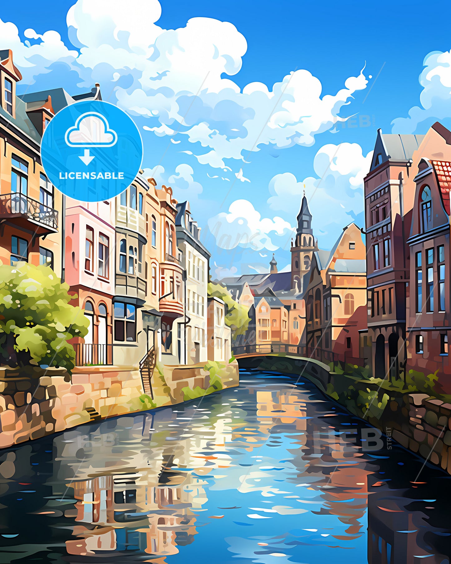 Alkmaar, Netherlands, a water way between buildings with Bruges in the background