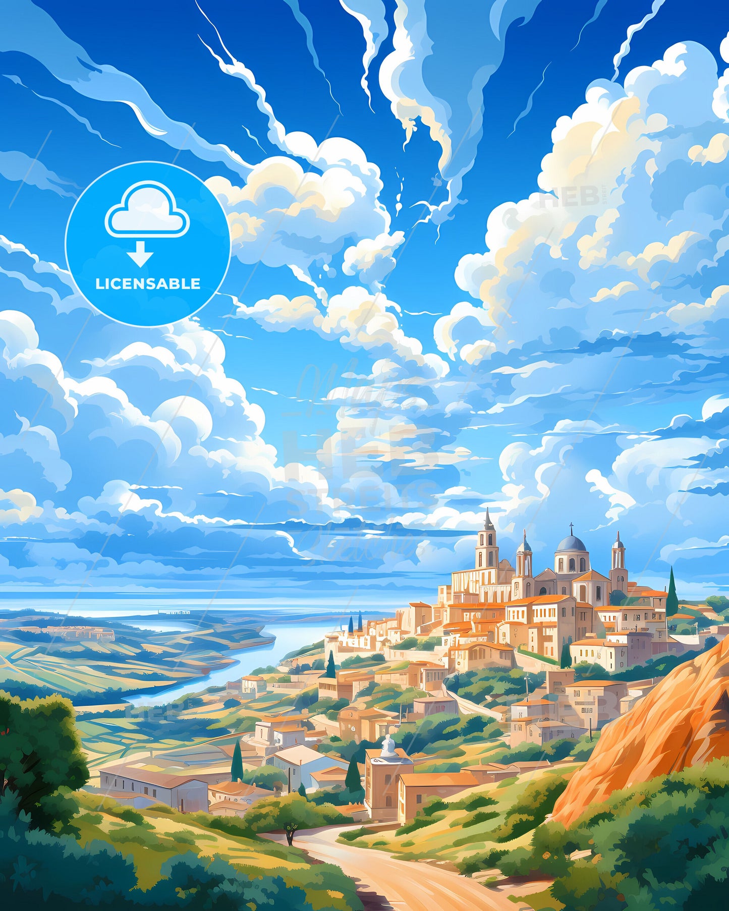 Syracuse, Italy, a landscape of a town with a river and clouds