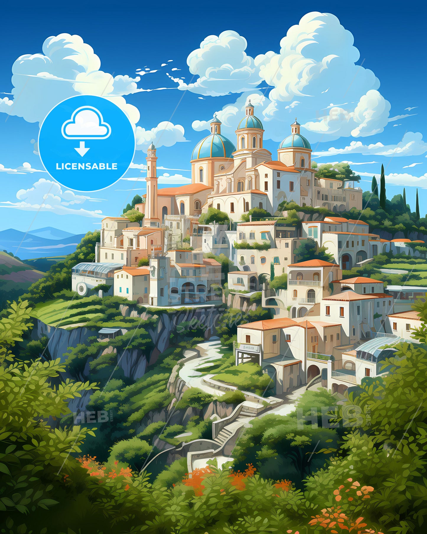 Torre Del Greco, Italy, a painting of a city on a hill