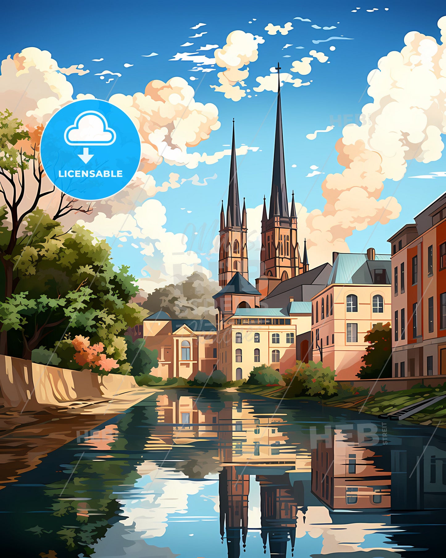 Tilburg, Netherlands, a river with a body of water and a building with towers