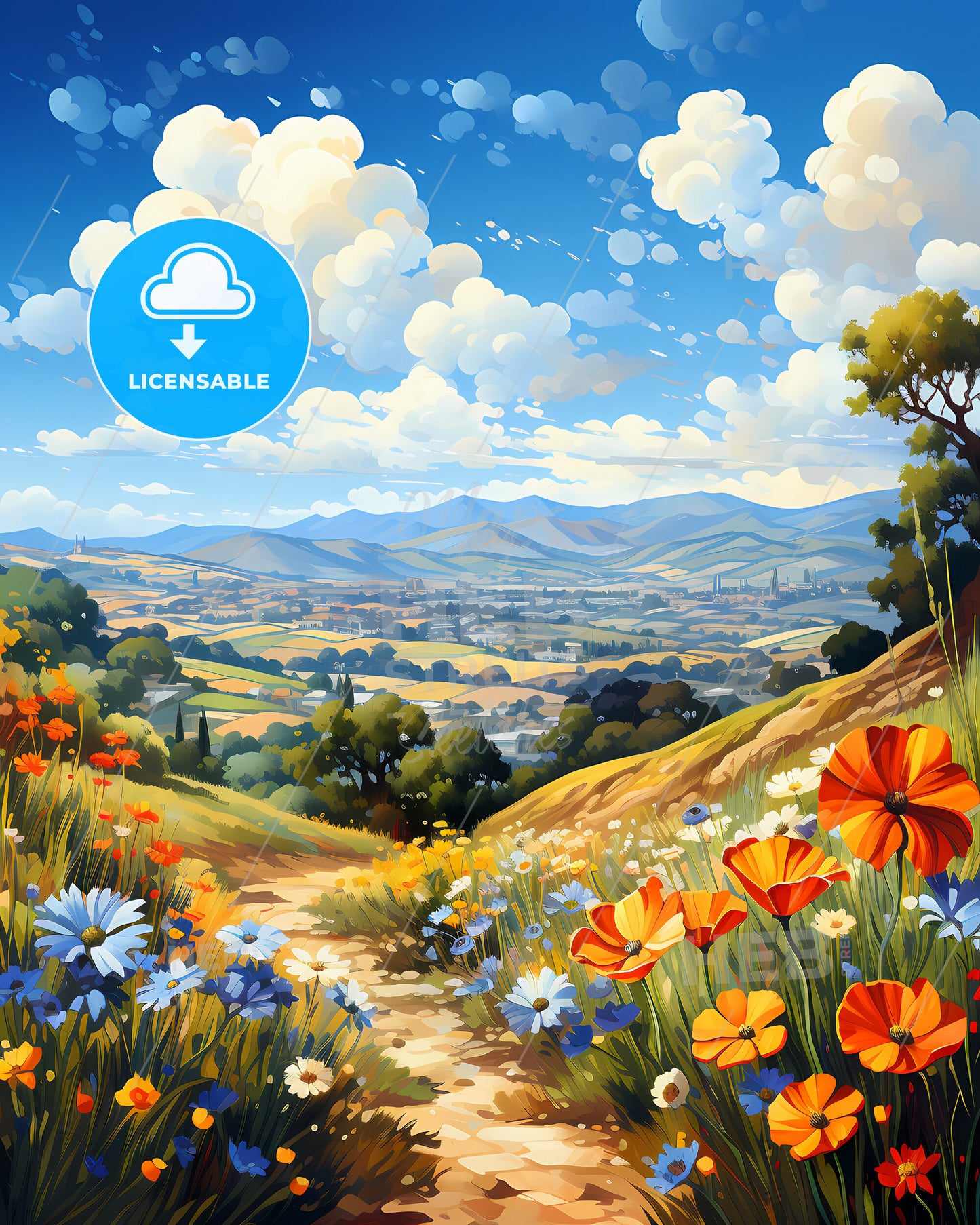 Simi Valley, California, a painting of a landscape with flowers and trees