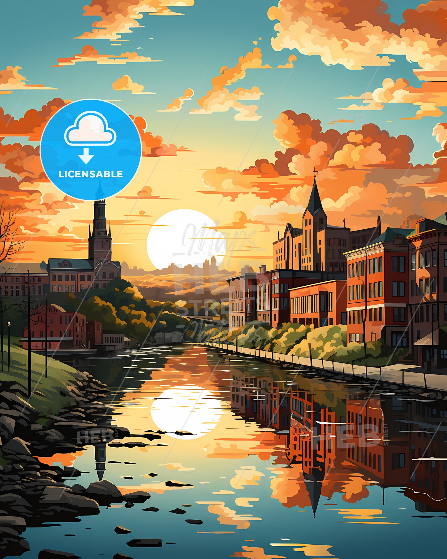 Providence, Rhode Island, a river with a city and a sunset