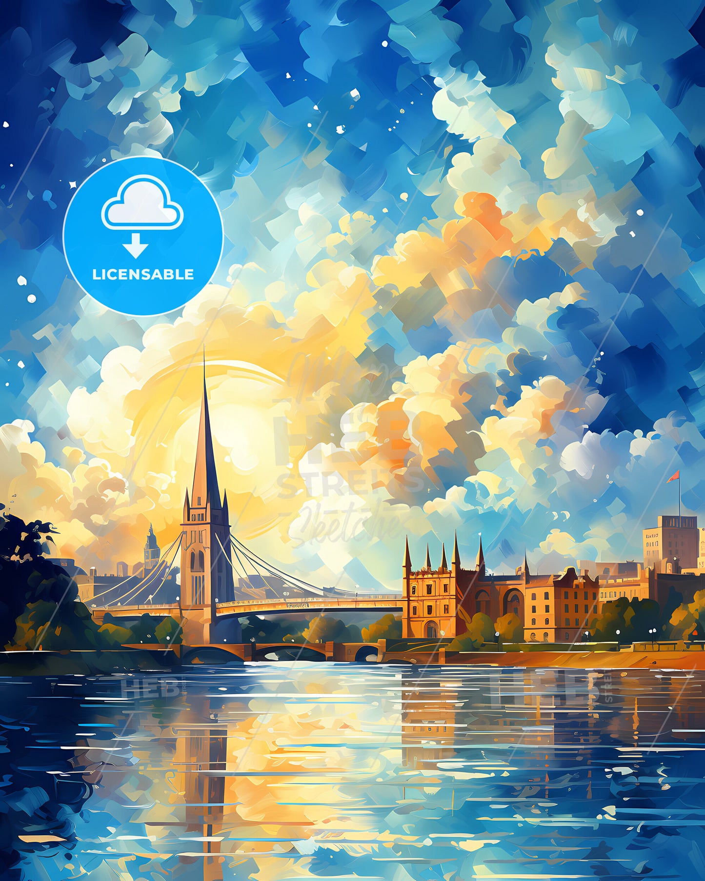 Southampton, South East England, a bridge over water with a church and a building in the background