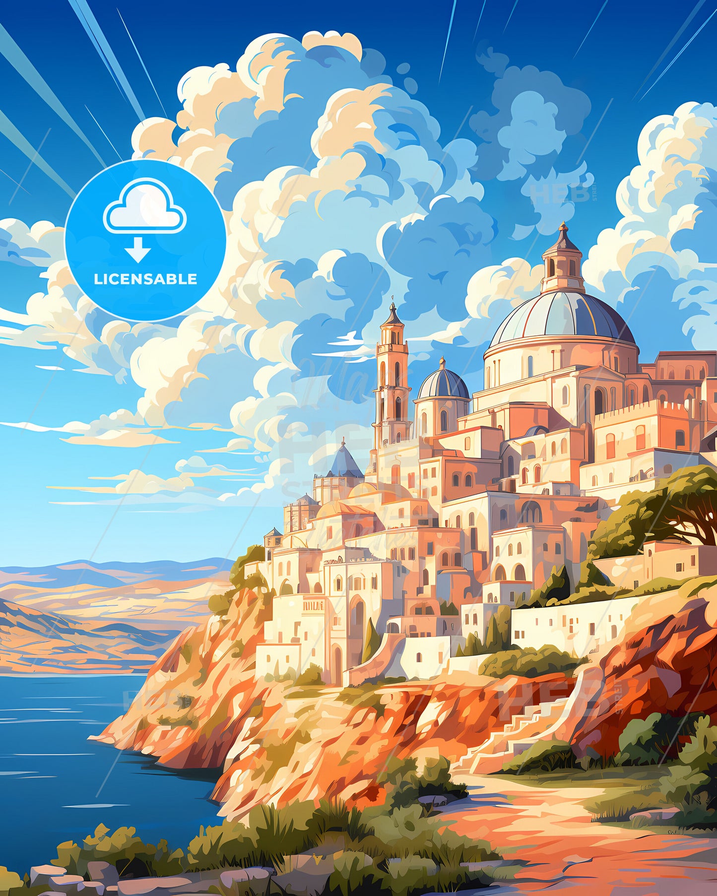 Barletta, Italy, a painting of a city on a hill with a body of water and clouds