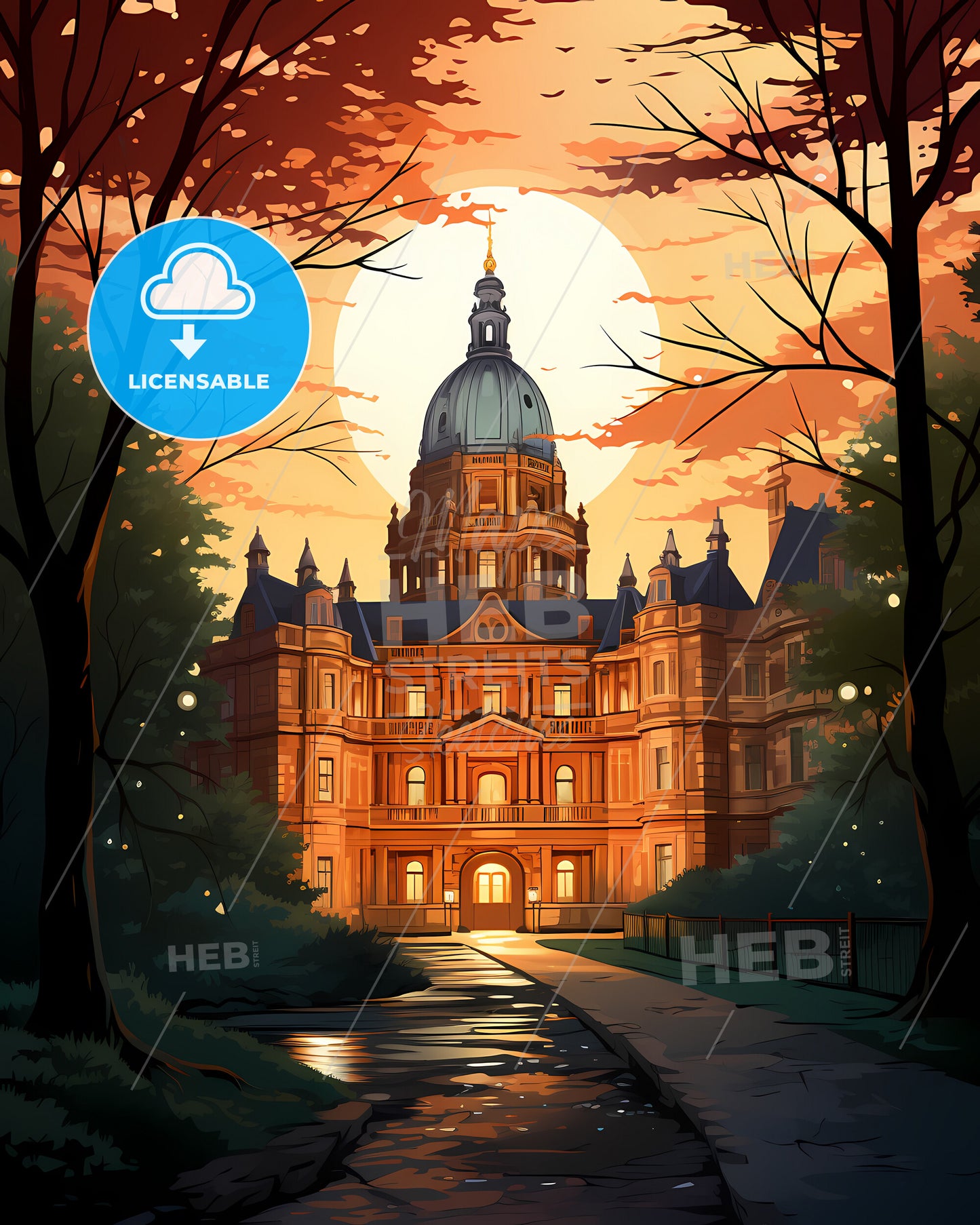 Bolton, North West England, a large building with a dome and a walkway in front of trees