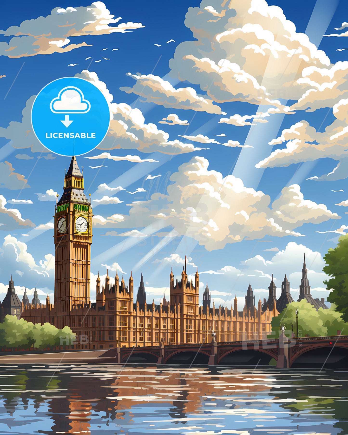 Cambridge, East of England, a clock tower in front of a building with trees and a bridge