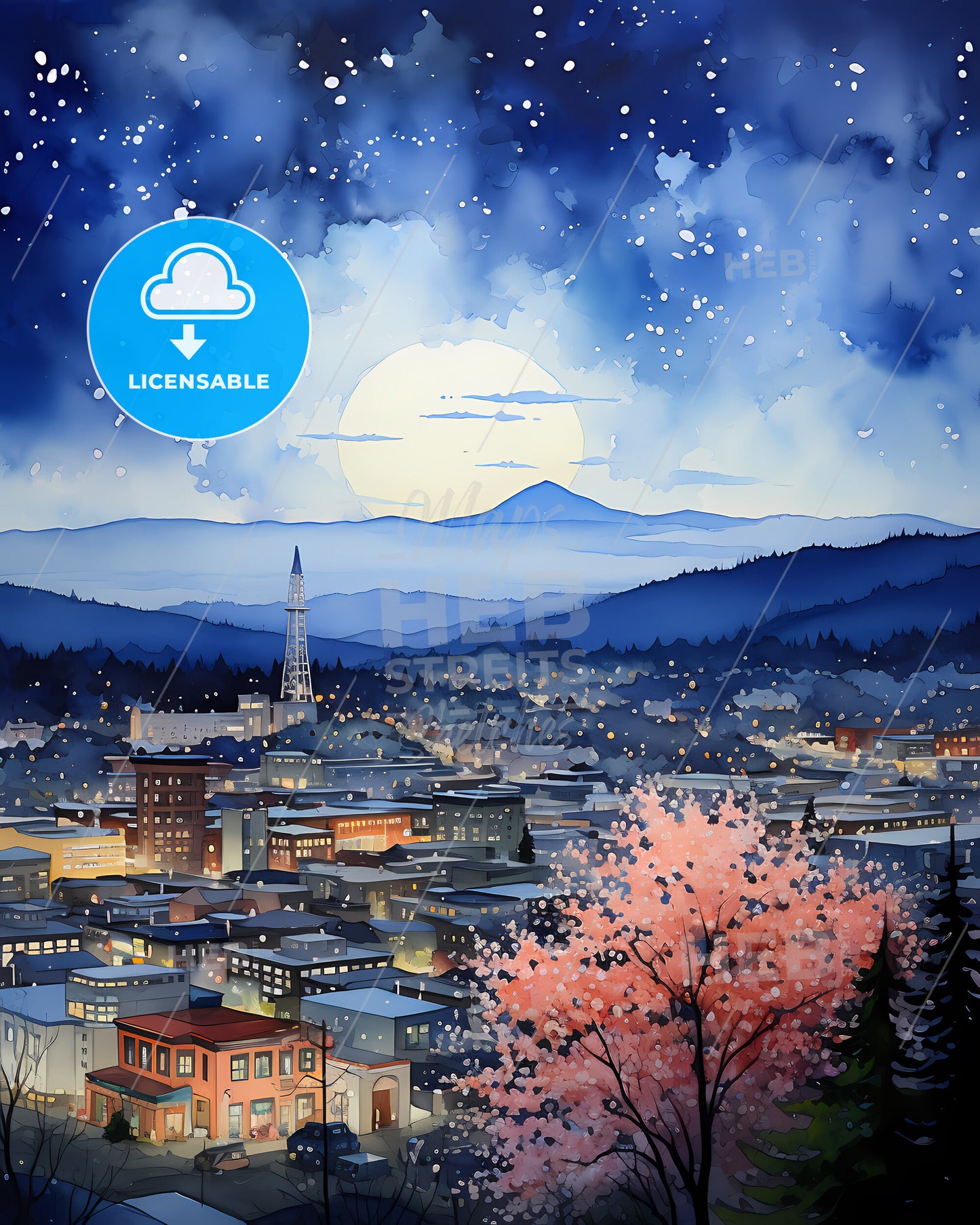 Eugene, Oregon, a cityscape with a mountain in the background