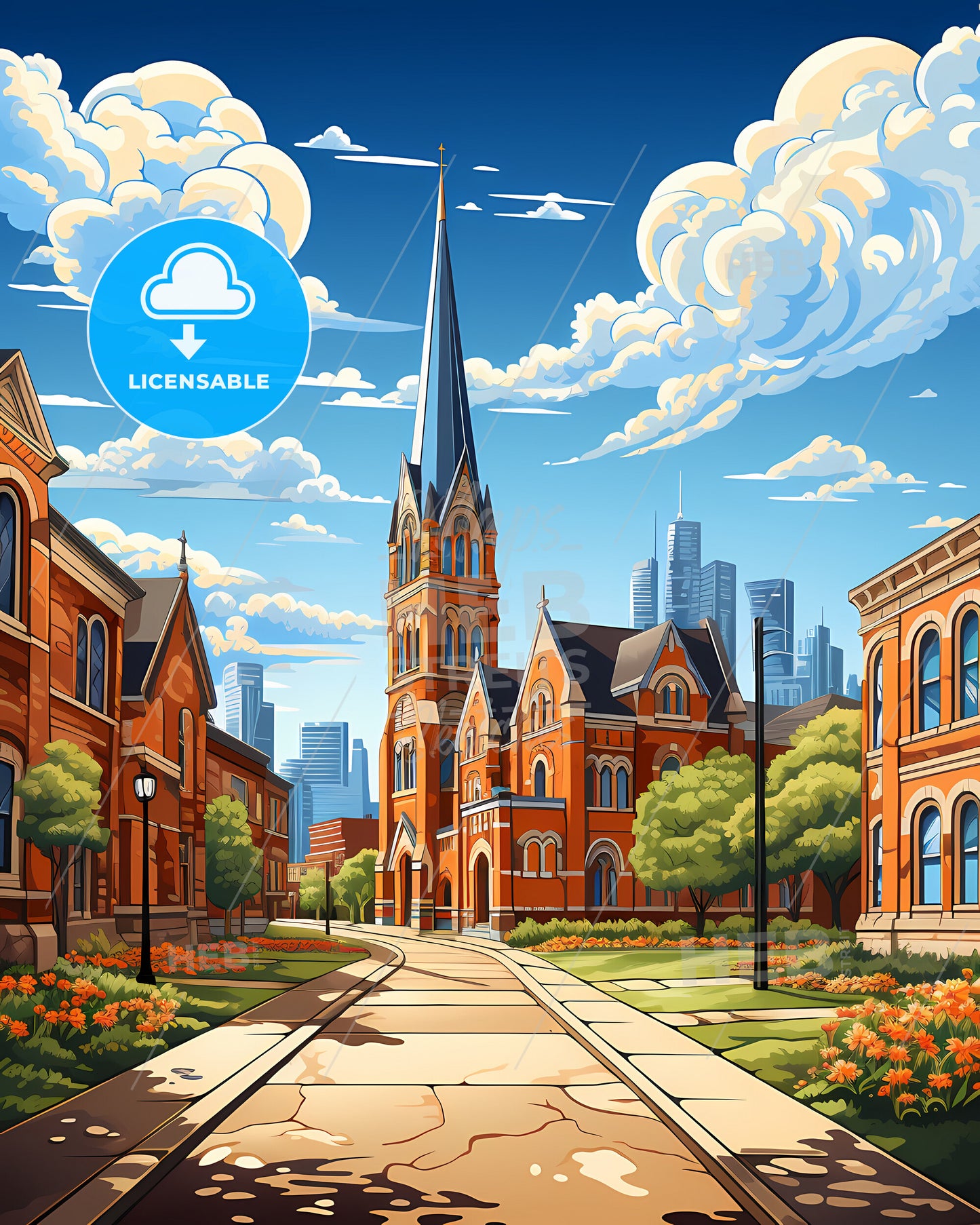 Bowling Green, Kentucky, a street with a church and a city in the background