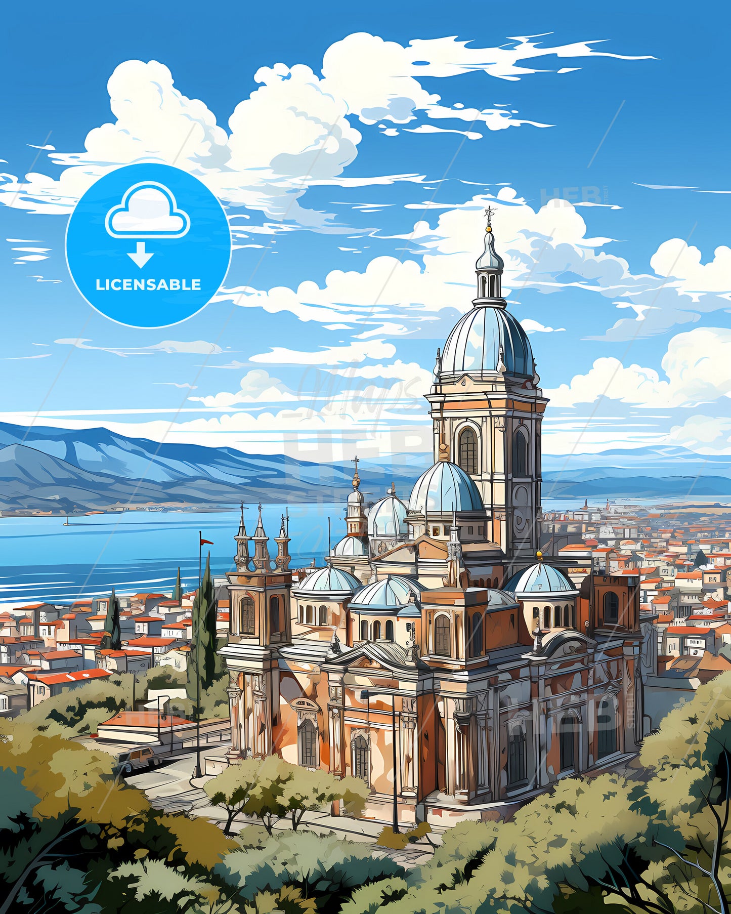 Aversa, Italy, a building with a dome and a city by the water