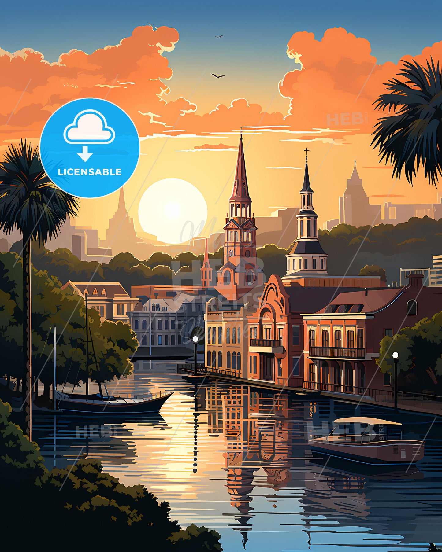 Charleston, South Carolina, a sunset over a river with buildings and trees