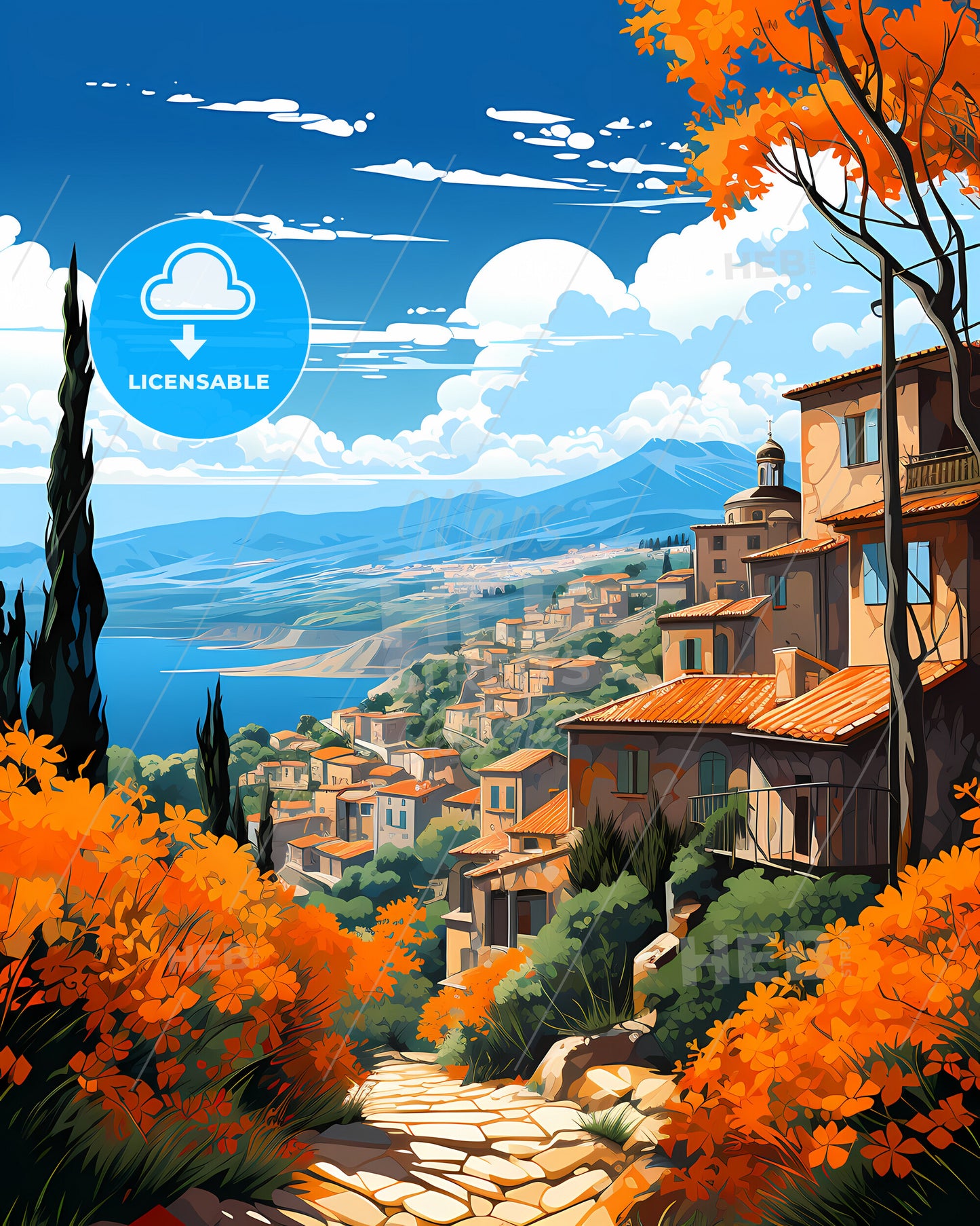 Aversa, Italy, a landscape of a town with orange trees and mountains