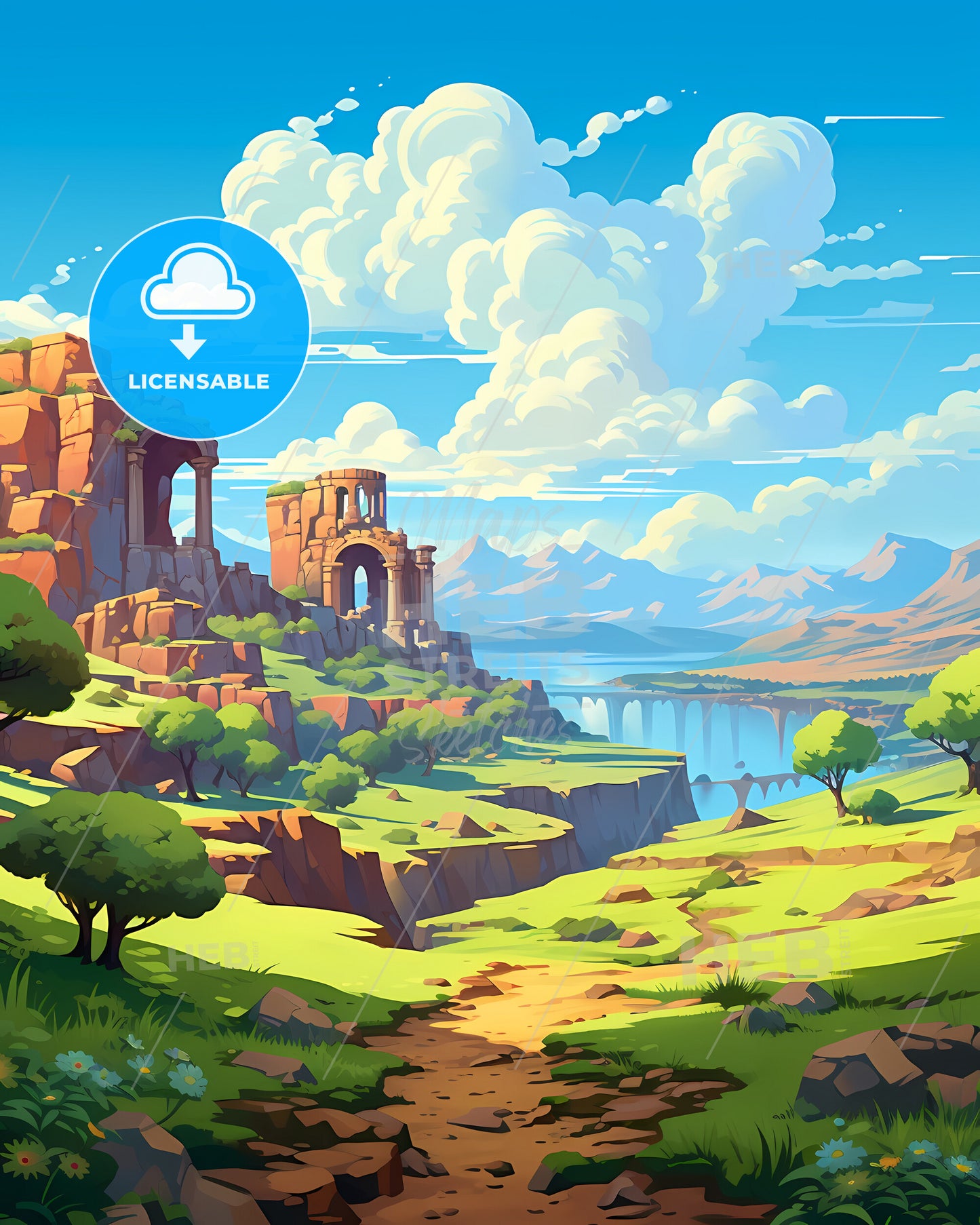 Agrigento, Italy, a landscape with a river and a stone building