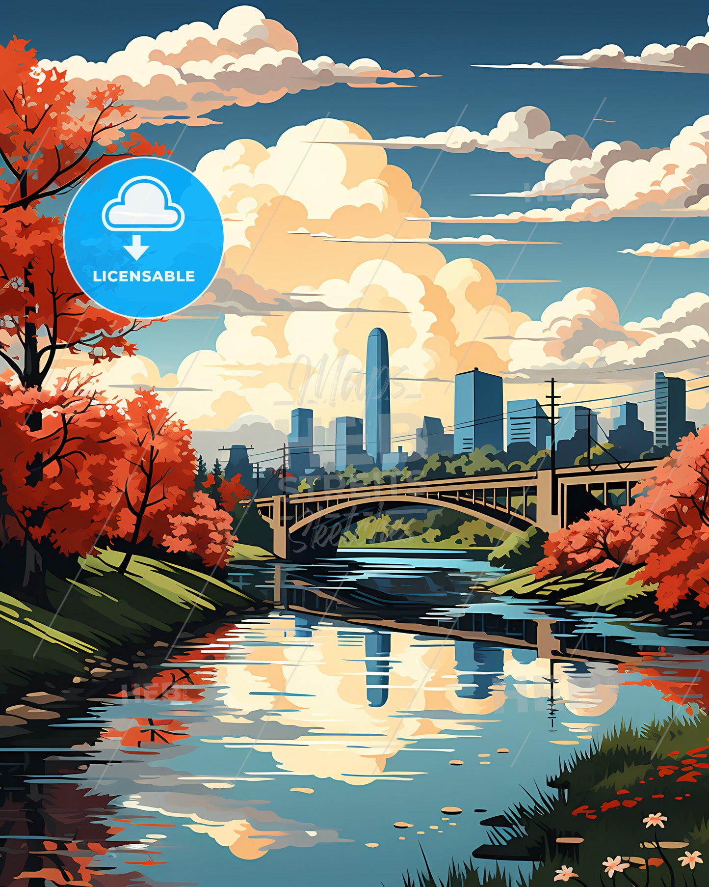 Concord, California, a bridge over a river with red trees and a city in the background