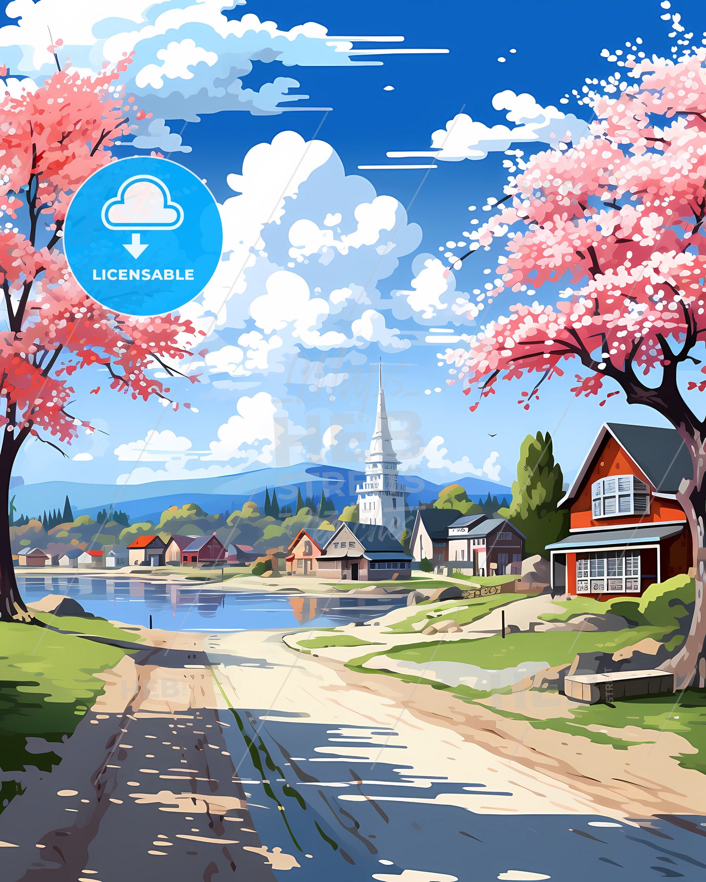 Fredrikstad, Norway, a road leading to a lake with pink trees and houses