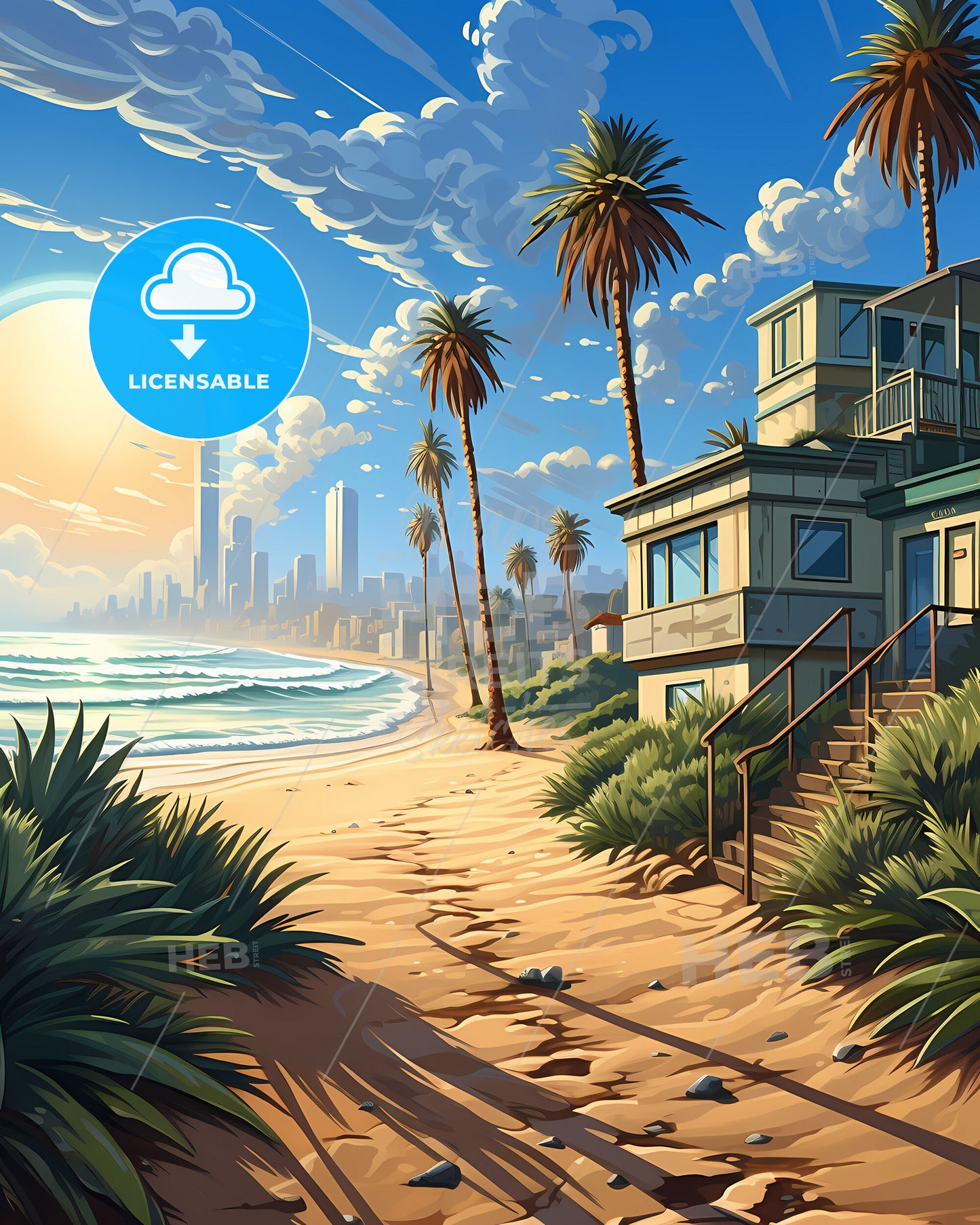 Santa Monica, California, a beach with palm trees and a building