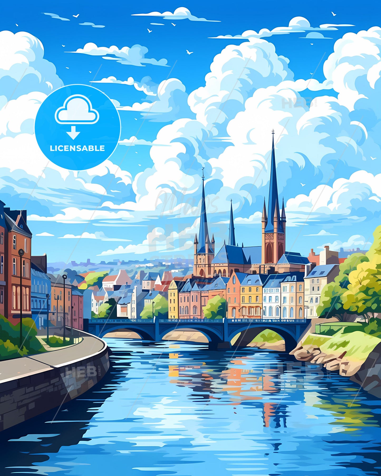 Waterford, County Waterford & County Kilkenny, a river with a bridge and a city with towers