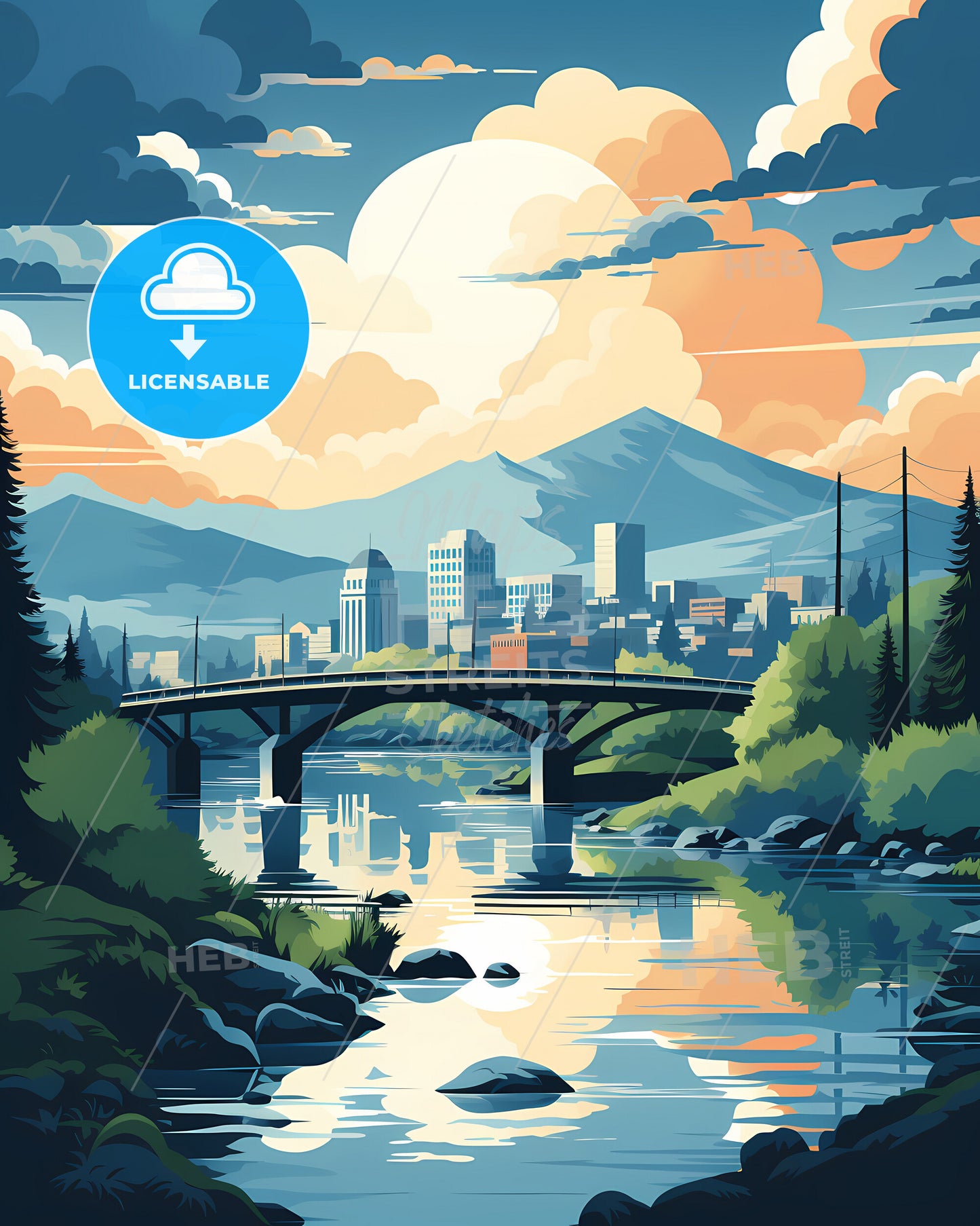 Eugene, Oregon, a bridge over a river with trees and mountains in the background