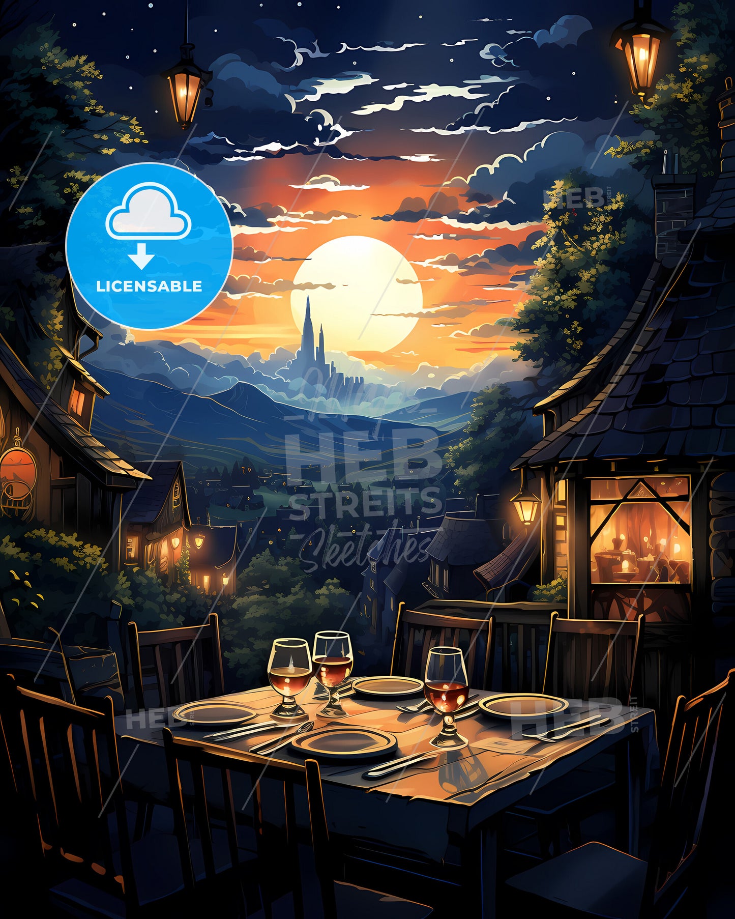 Bolton, North West England, a table with wine glasses and a sunset in the background