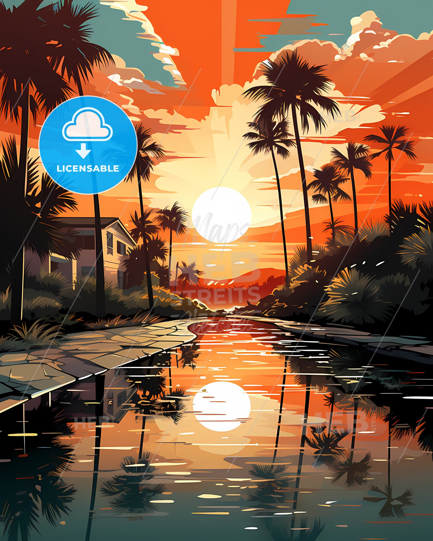 Boca Raton, Florida, a sunset over a river with palm trees