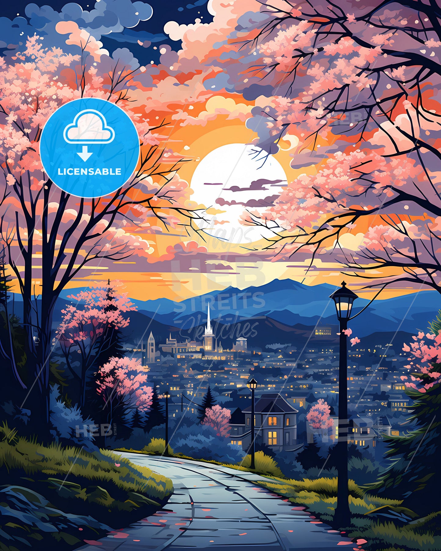 Vacaville, California, a painting of a city with trees and a road