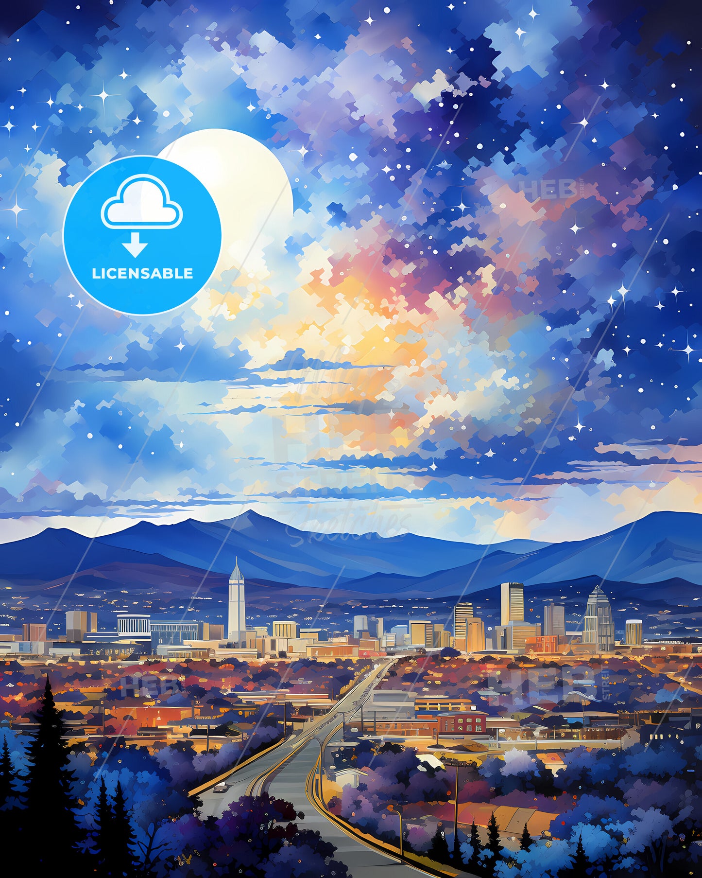 Concord, North Carolina, a cityscape with mountains and moon