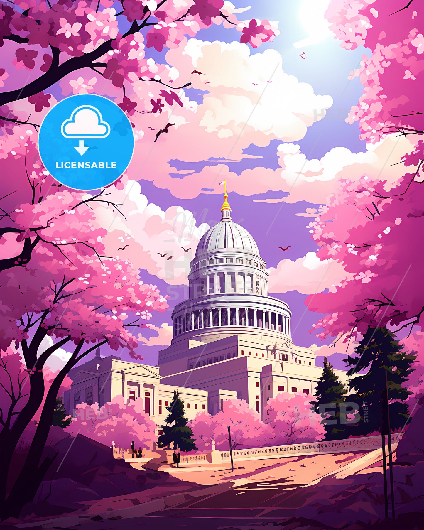 Appleton, Wisconsin, a building with a dome and trees with pink blossoms