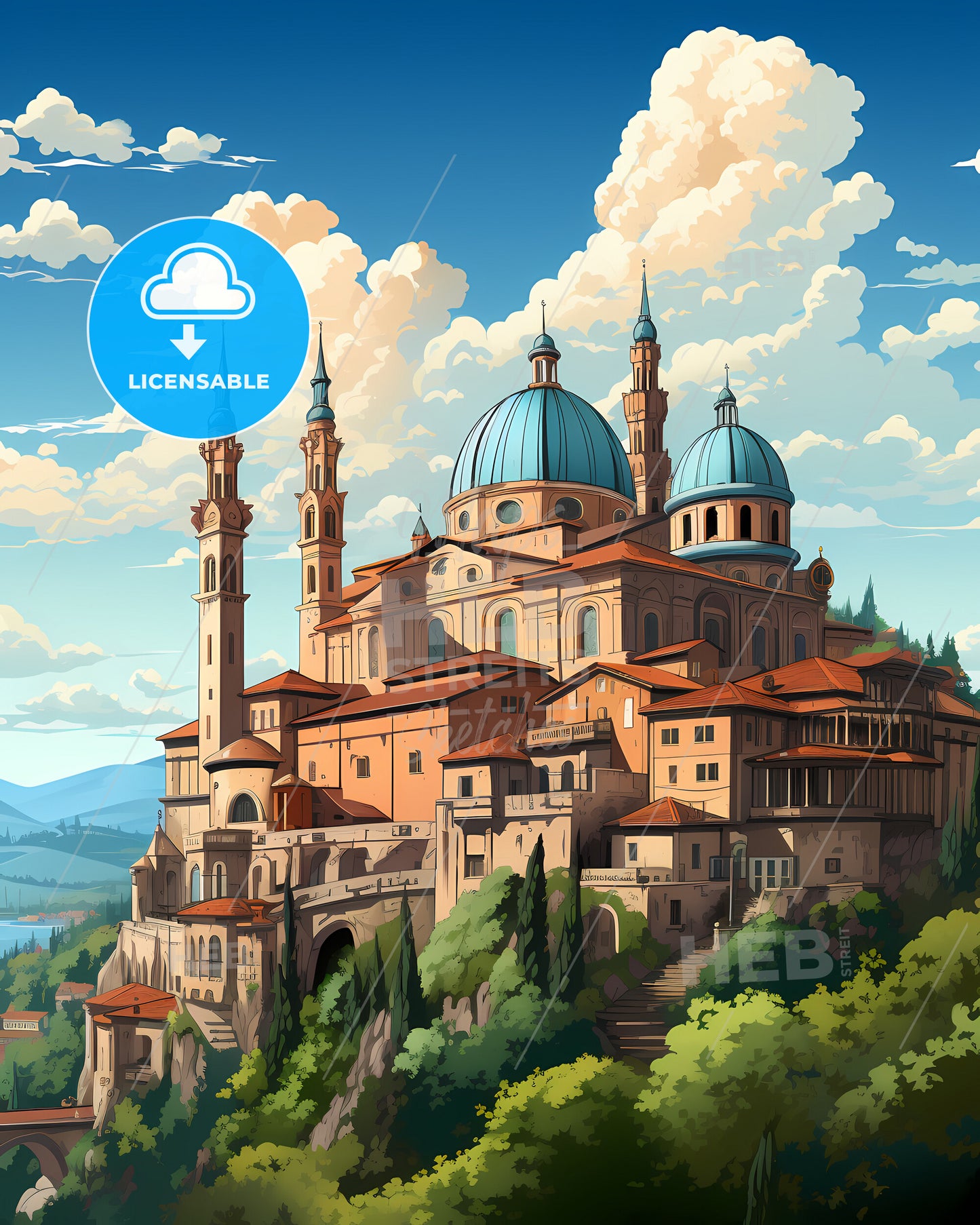 Bergamo, Italy, a building with towers and a blue dome on top of it