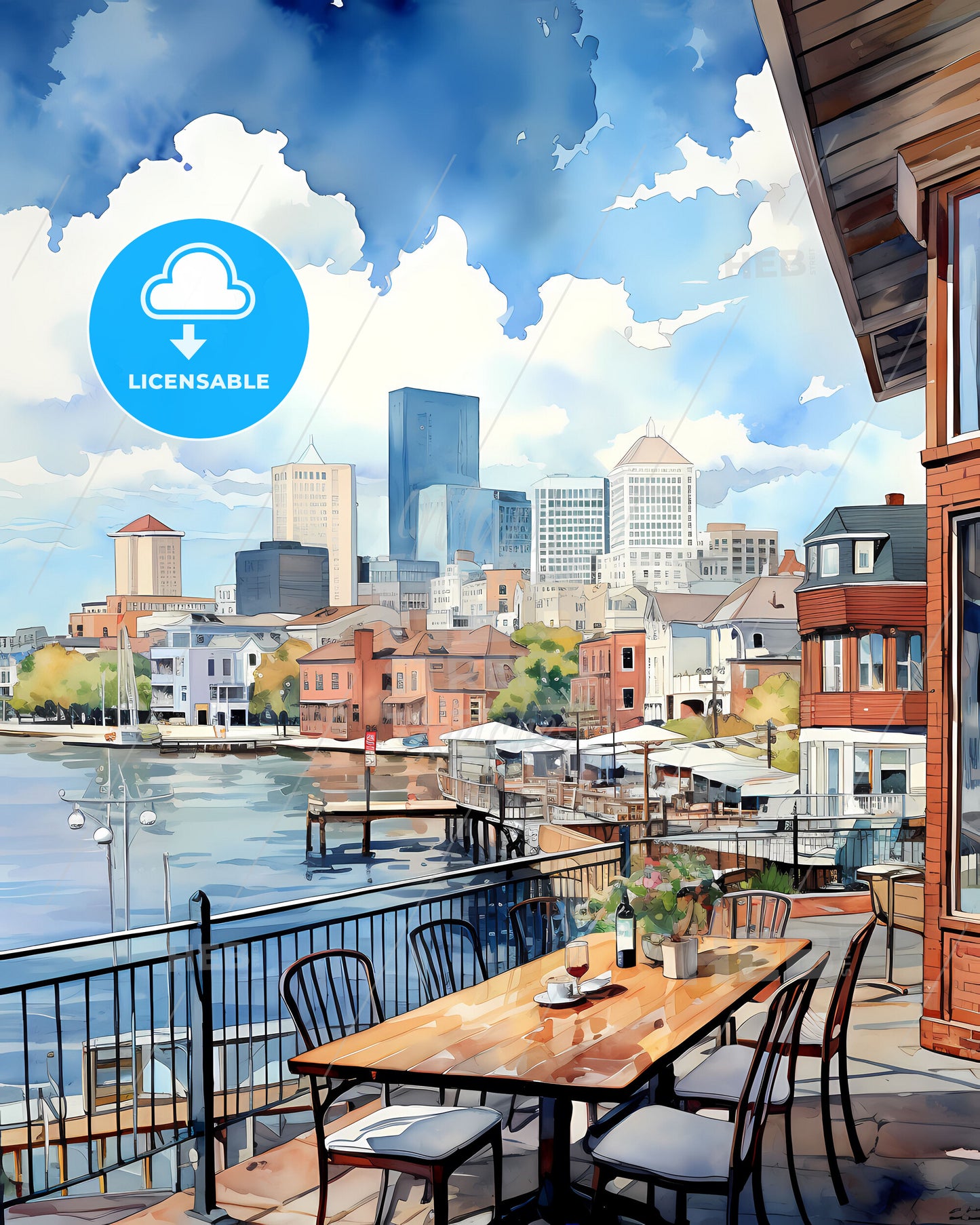 Wilmington, North Carolina, a watercolor of a city and a waterfront
