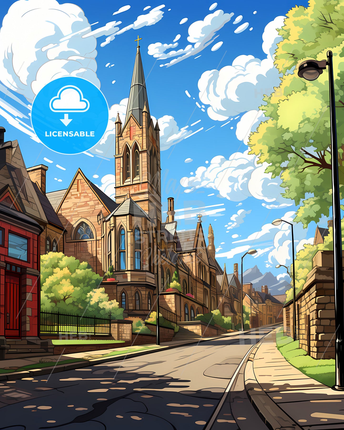 Belfast, Belfast, a street with a church and trees