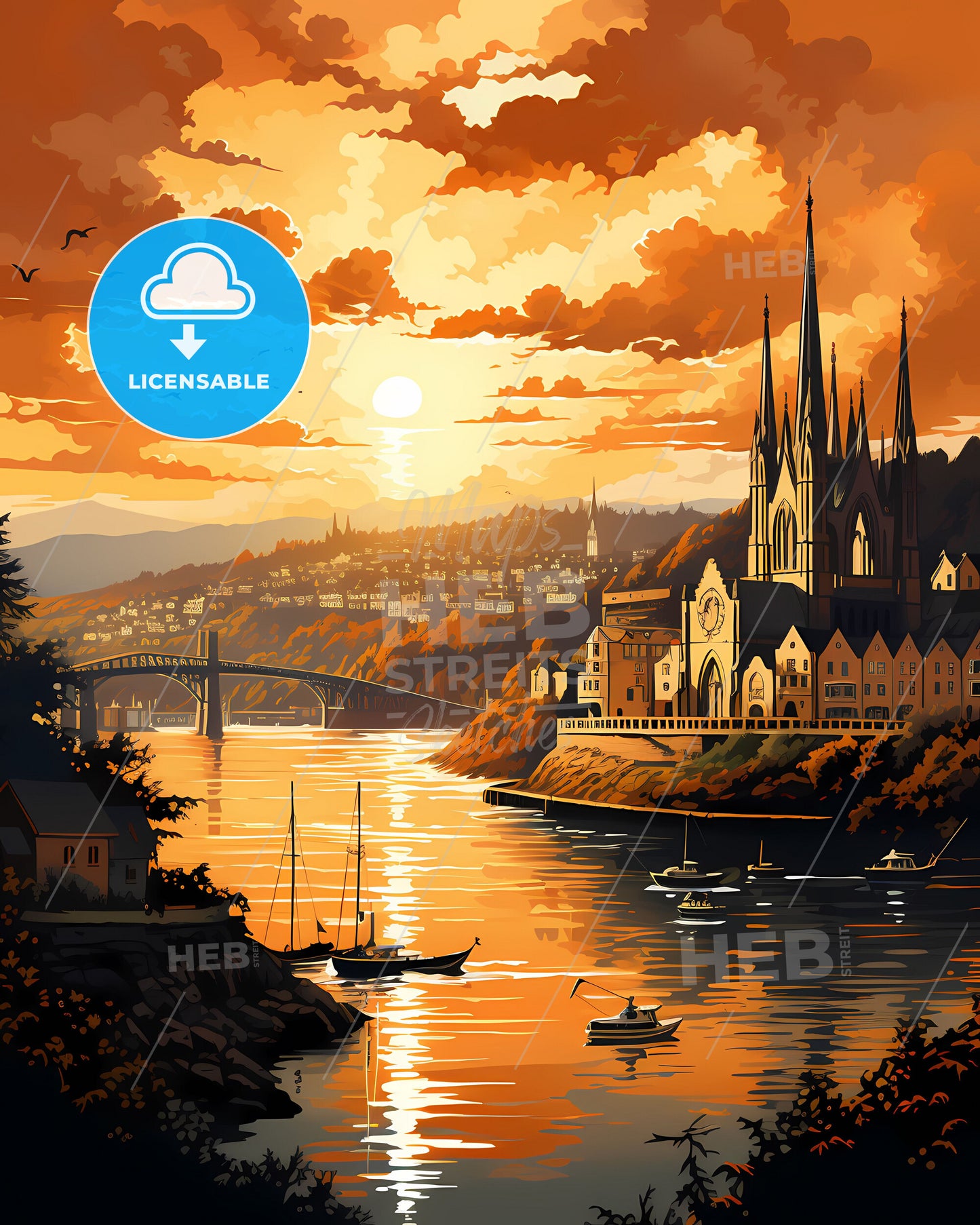 Swansea, Swansea, a painting of a castle and a river with boats and a bridge