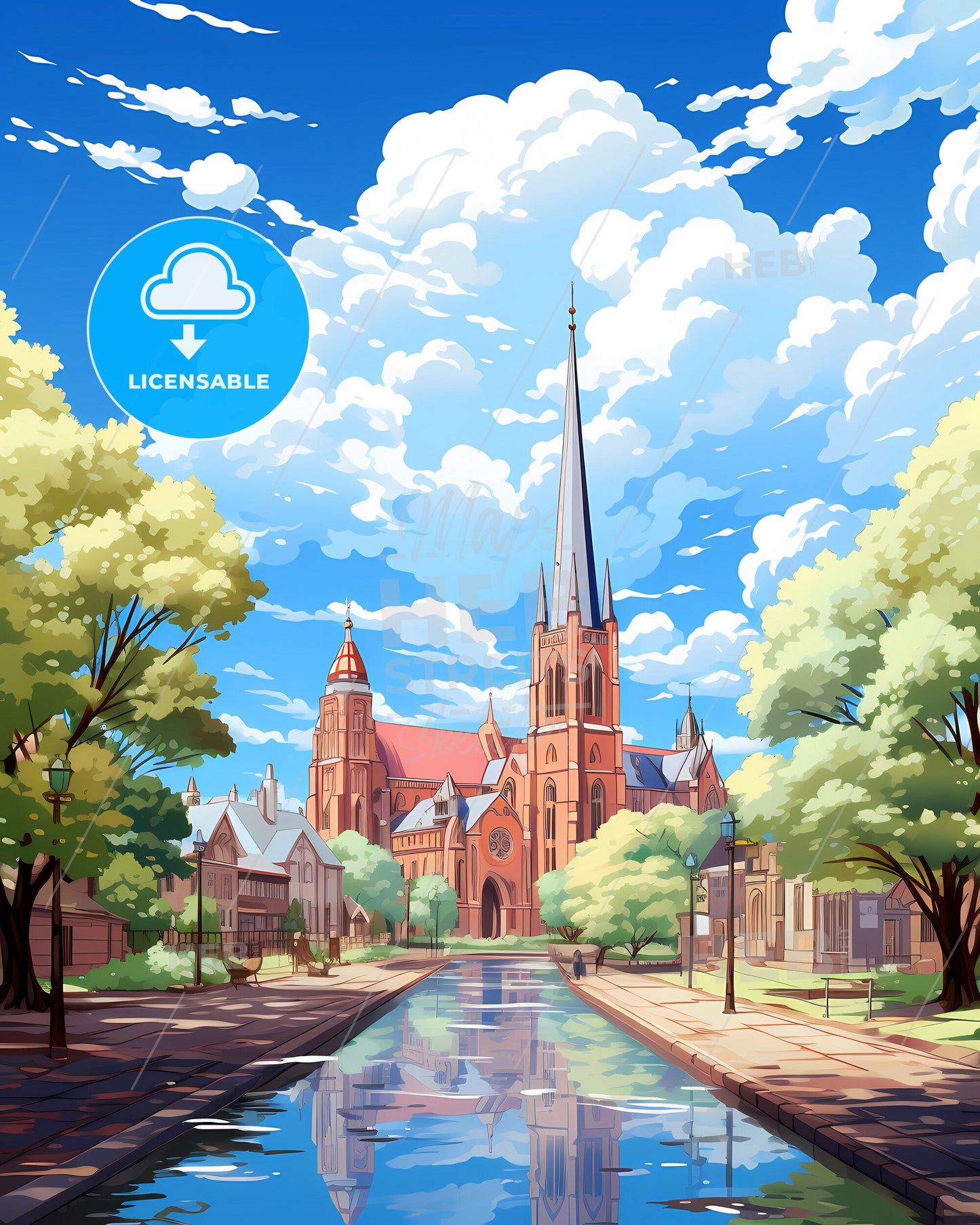 Leiden, Netherlands, a water way with a church and trees