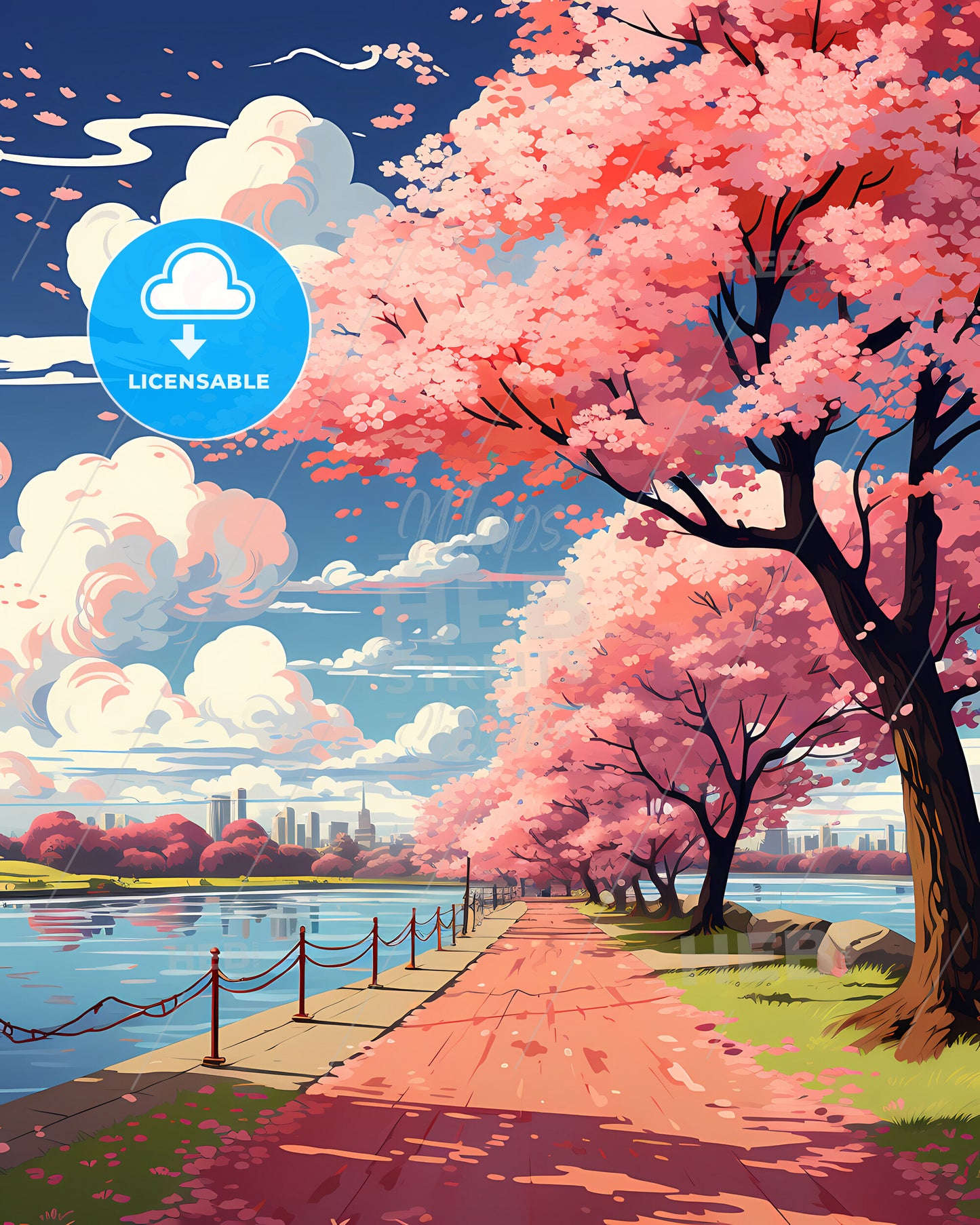 Council Bluffs, Iowa, a path with pink trees and a body of water